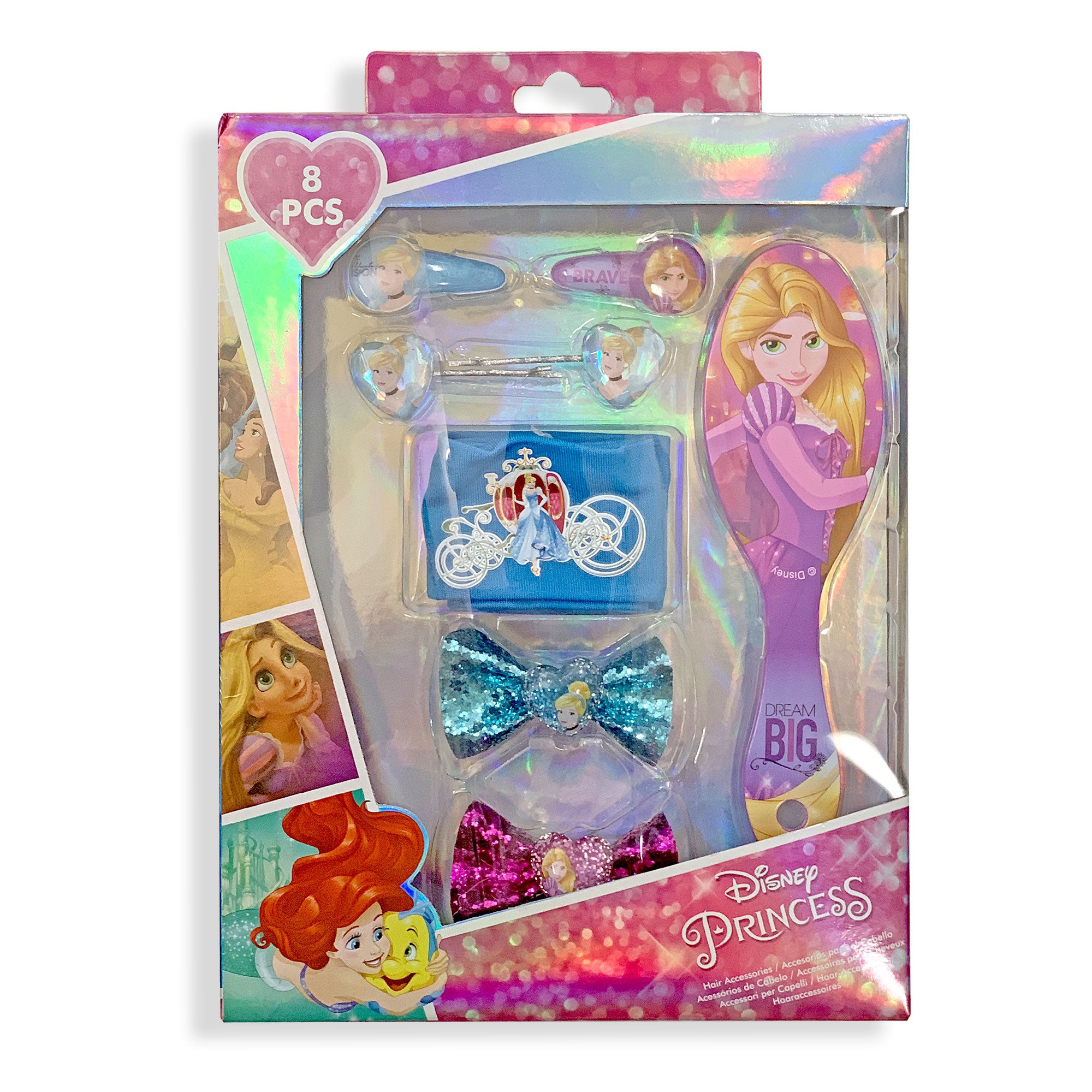 Accessori per capelli Disney Principesse kit 8 pz spazzola fermagli 2704