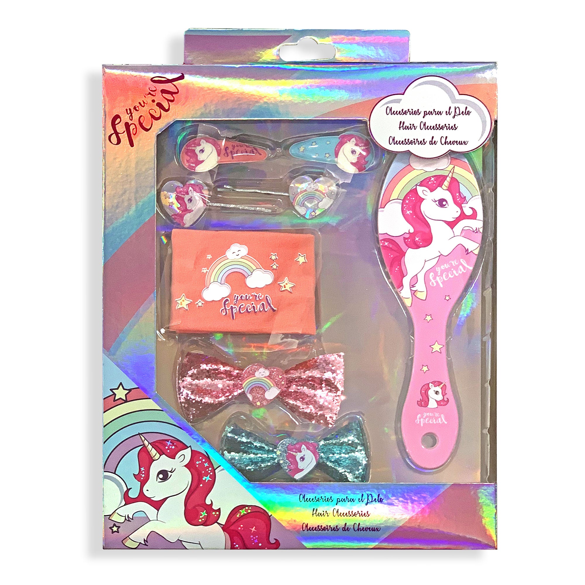 Accessori per capelli Special Unicorno kit 8 pz spazzola fermagli 2714