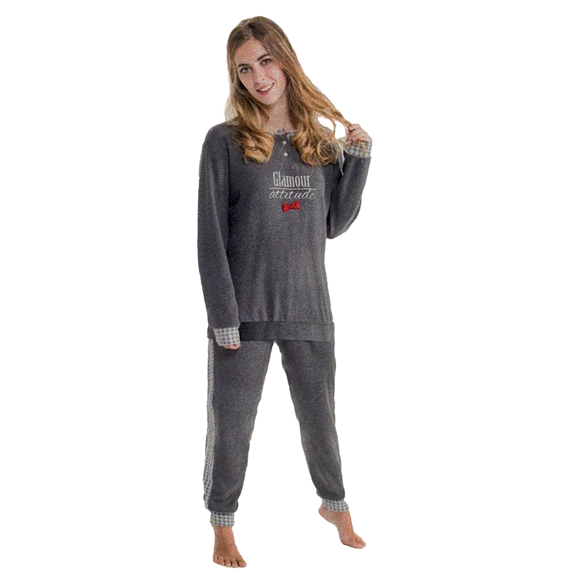 Pigiama Punto Milano invernale lungo donna S2G Italia con stampa e fiocco 3693