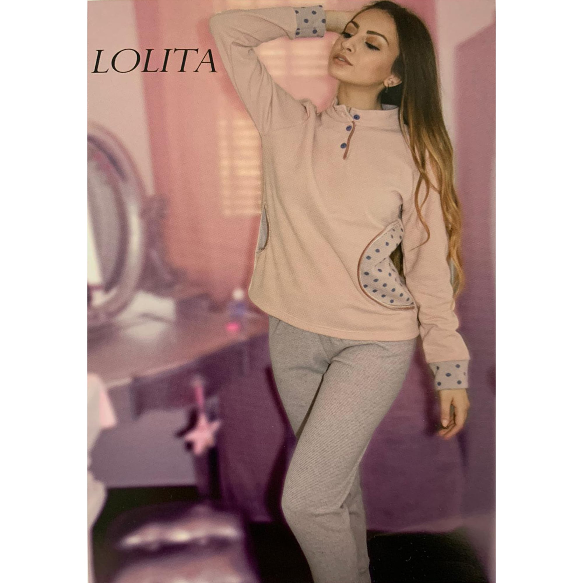 Pigiama invernale lungo donna in Pile collo alto Lenir Lolita Pois 3810