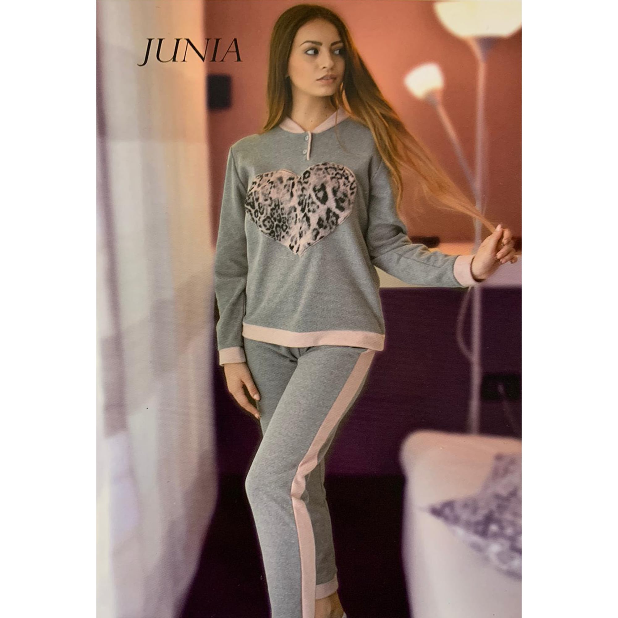 Pigiama invernale lungo donna in punto milano maniche lunghe Cuore Junia 3811