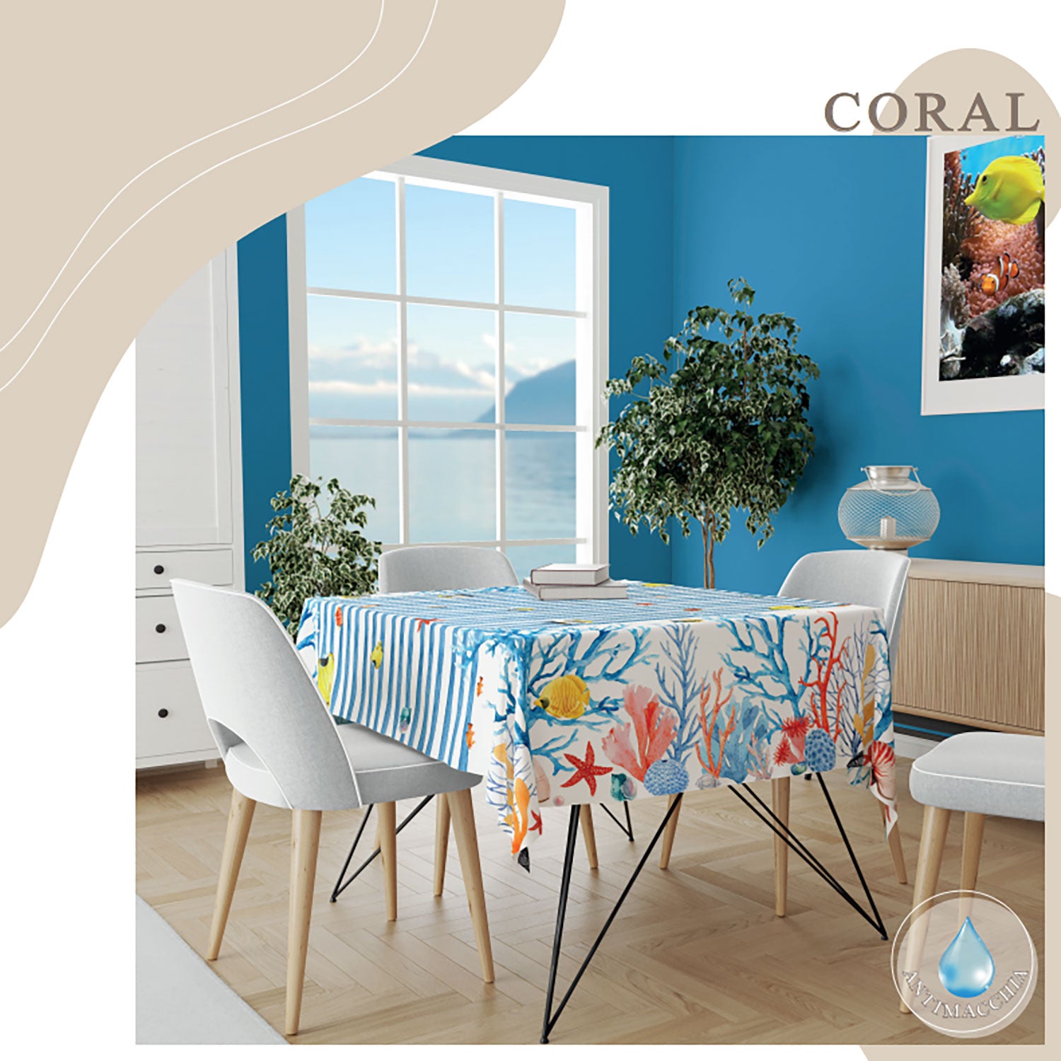 Tovaglia da tavola copritavolo antimacchia x6 stampa marina 140x180 Coral 4900