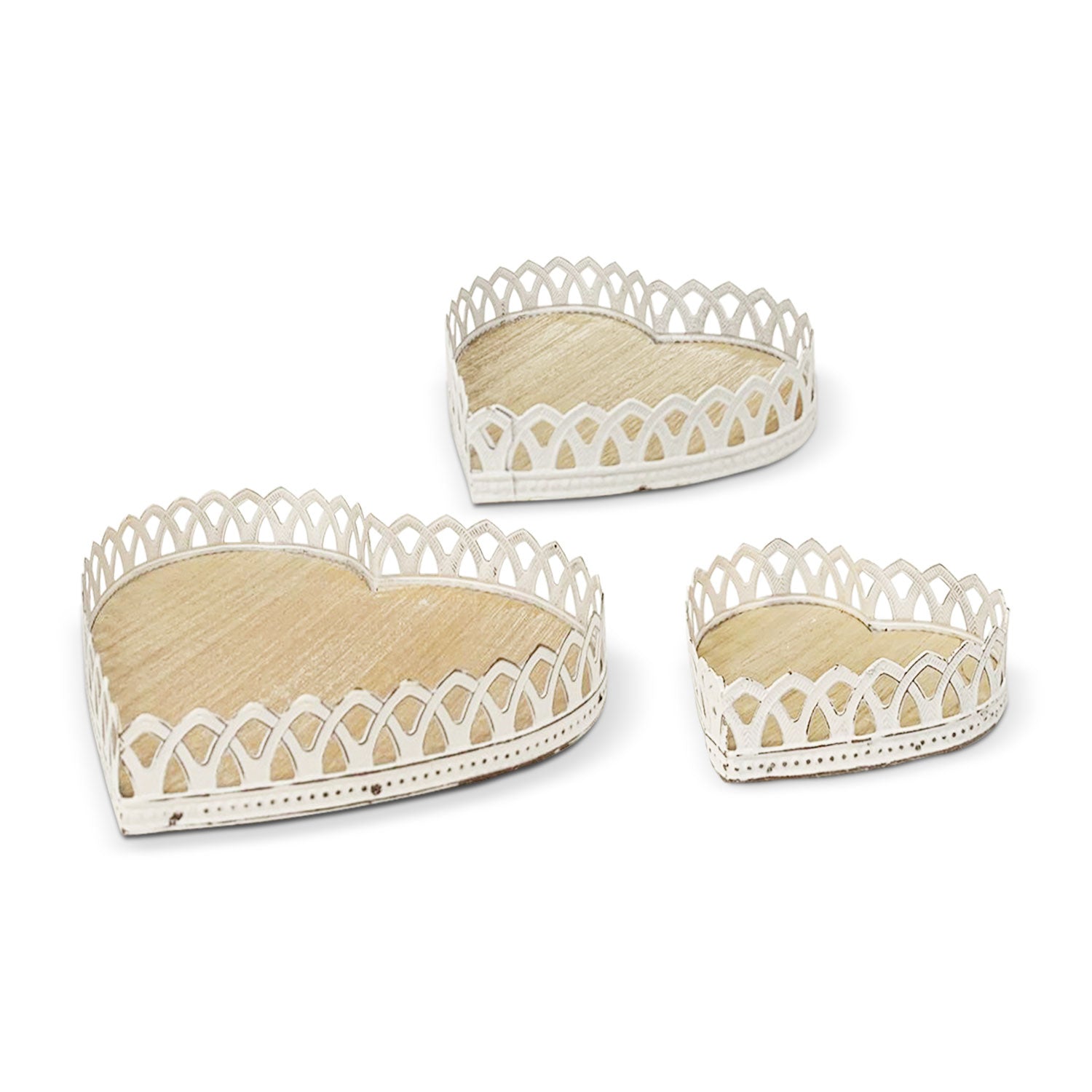 Set 3 Vassoi a Cuore in legno e metallo Nuvole di Stoffa Shabby chic retrò 5714