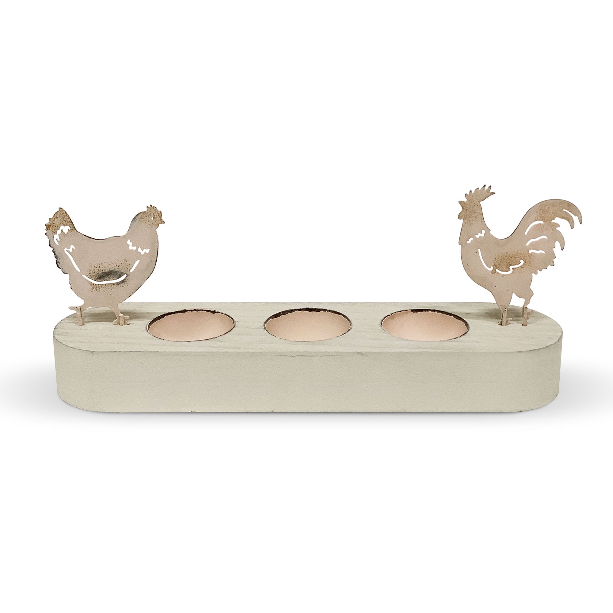 Ostereierbecher aus Holz mit Wolken aus Stoffhasen