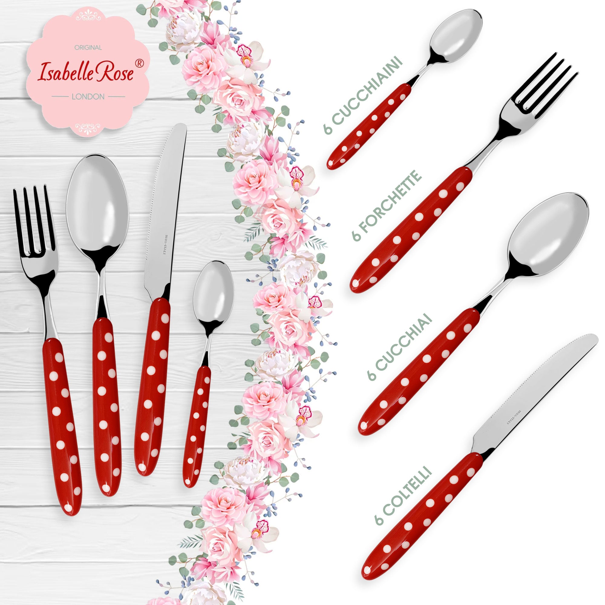 Set Servizio Posate Isabelle Rose Shabby chic a pois acciaio inox vintage 6197