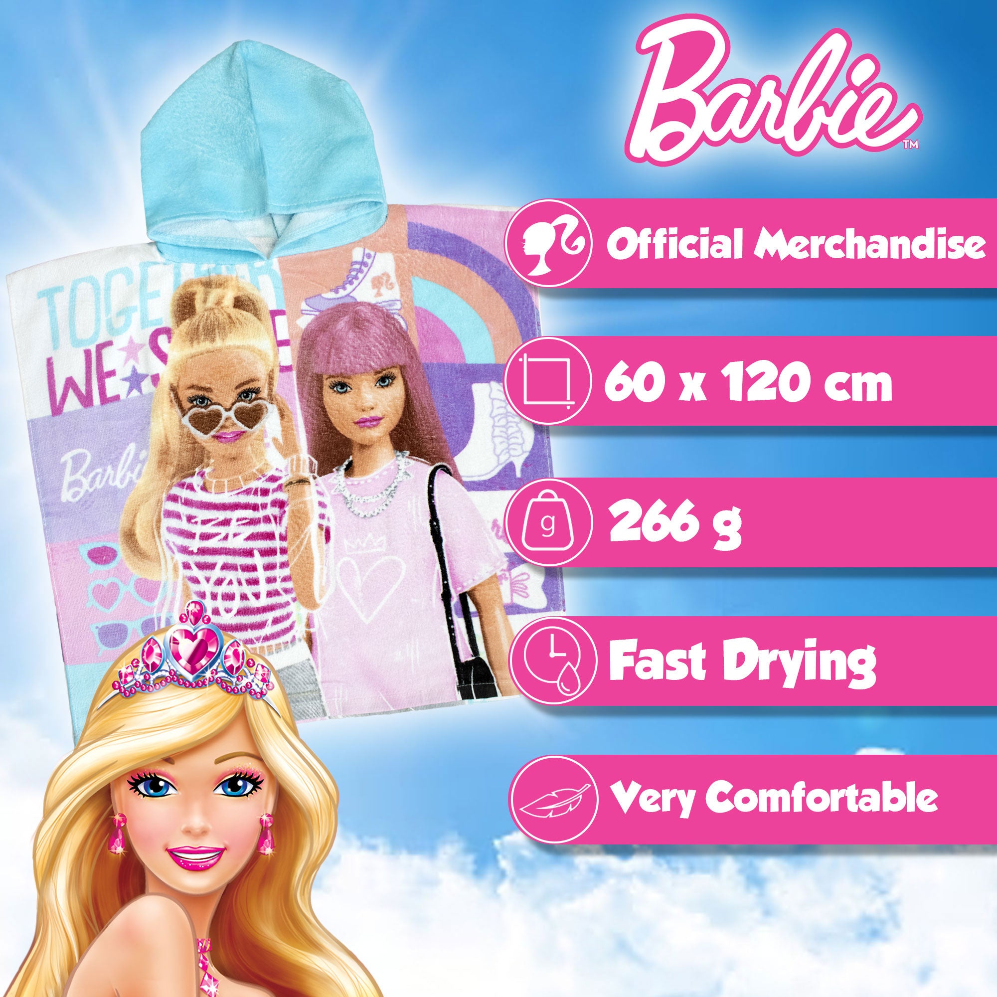 Poncho mare Barbie in cotone per bambina 60x120cm asciugamano piscina 6802