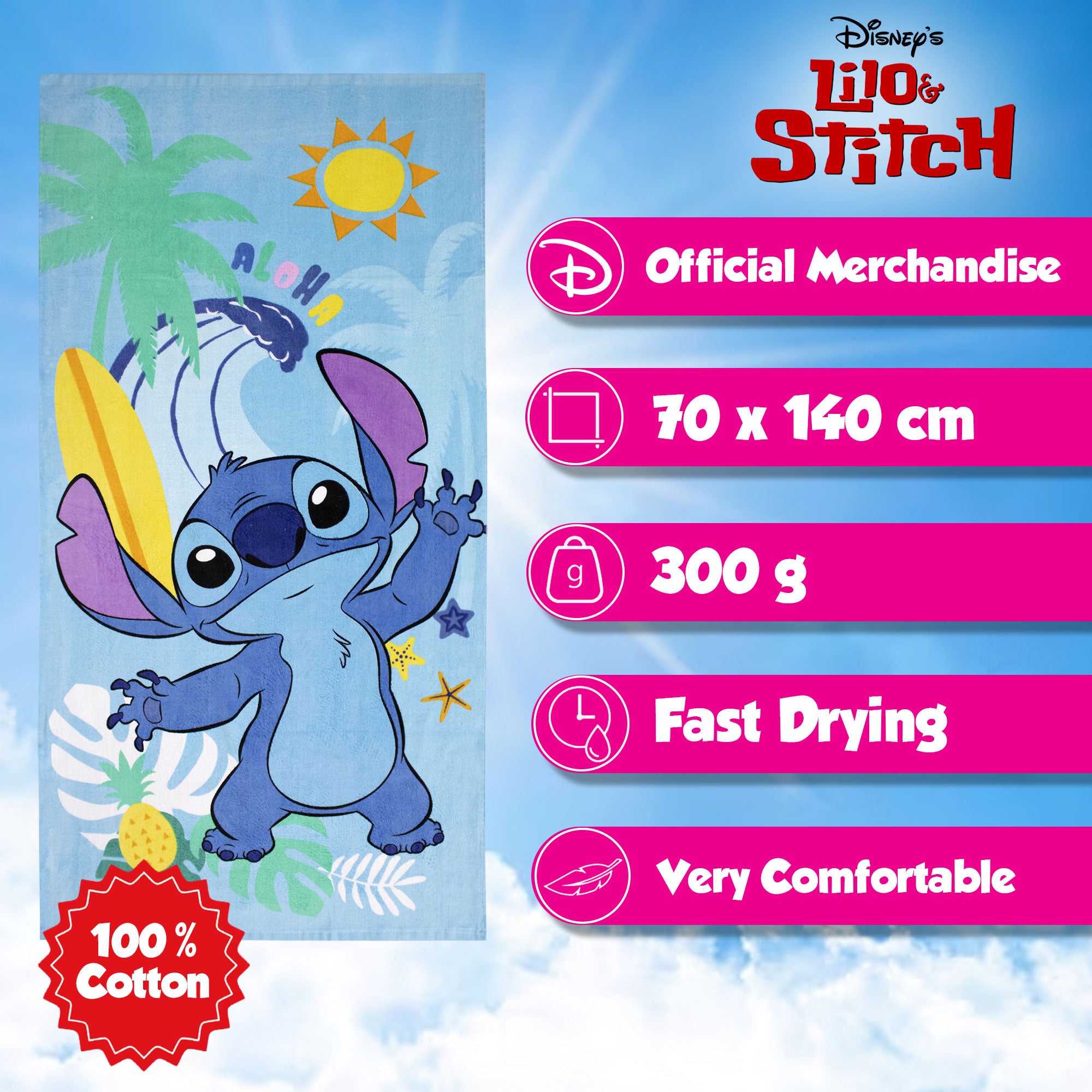 Telo mare Disney Stitch in cotone 70x140cm asciugamano piscina 6813
