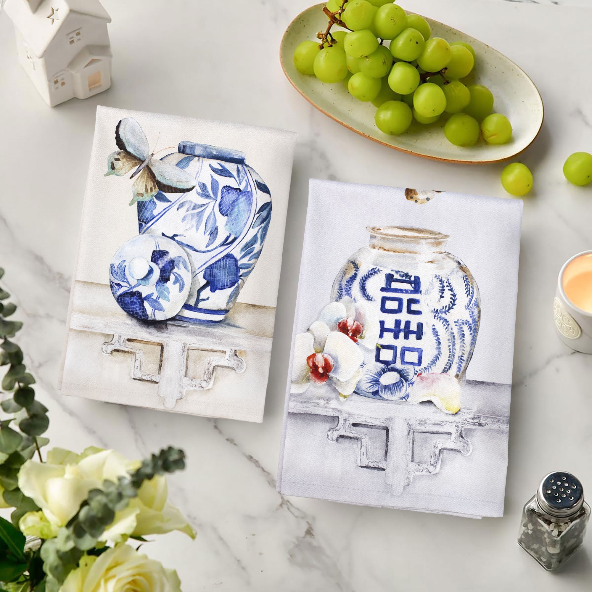 Set 6 Strofinacci cucina stile orientale canovacci vasi Giappone in cotone 6871