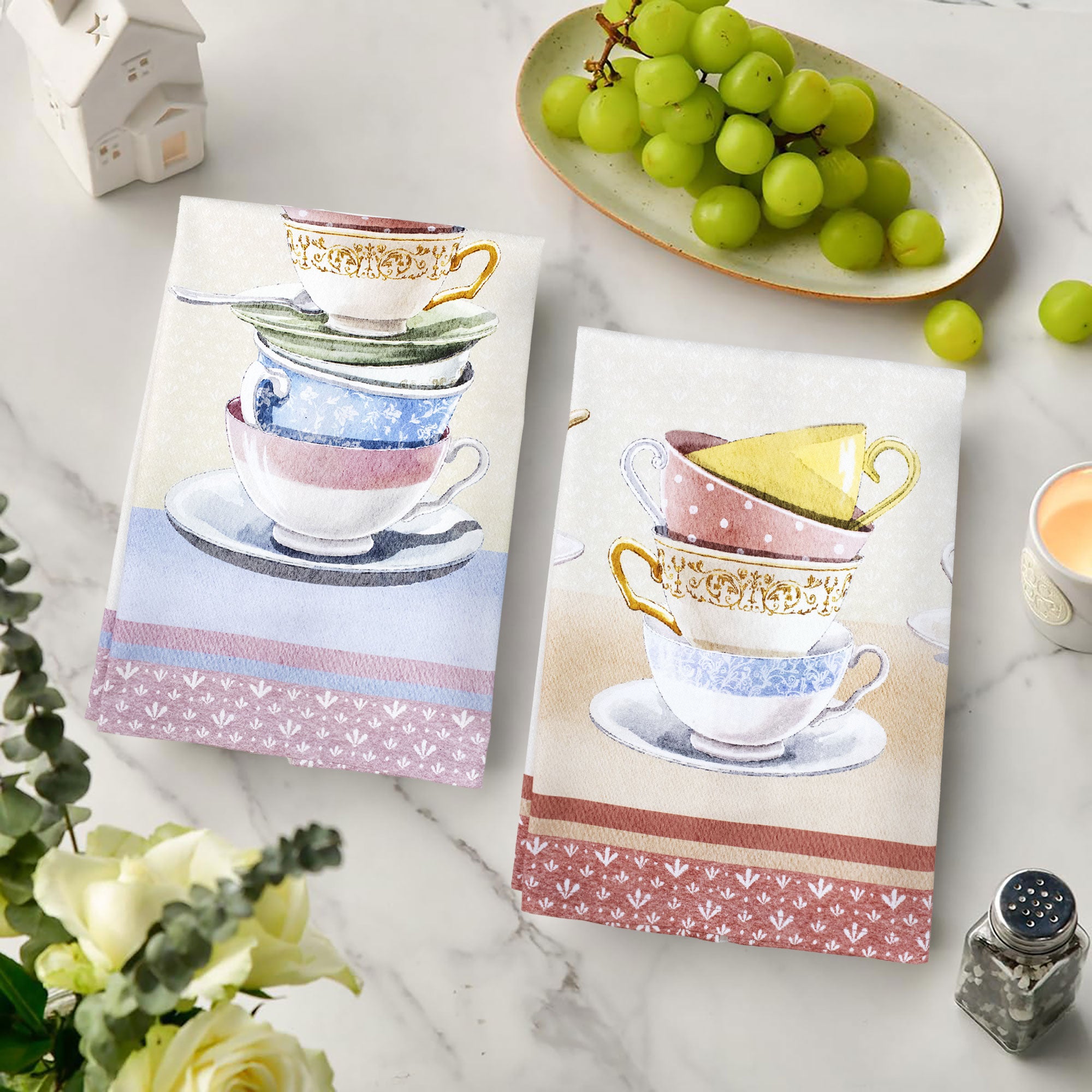 Set 6 Strofinacci cucina tazze e teiere canovacci Shabby Chic in cotone 6872