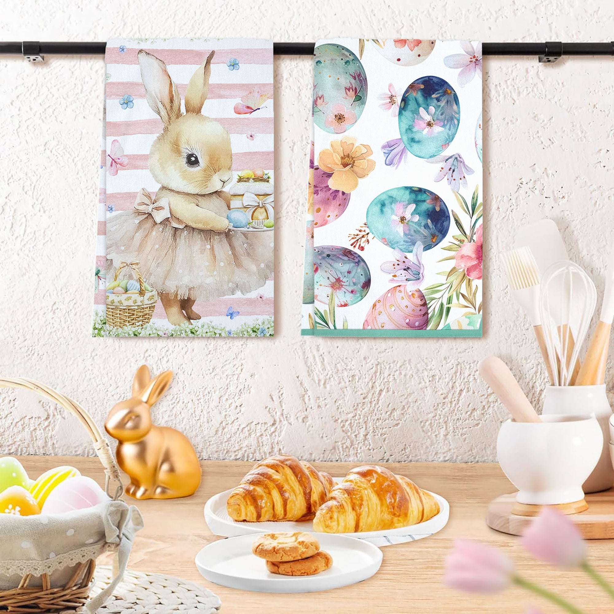 Set Strofinacci pasquali 6pz Canovacci Pasqua in cotone conigli primaverili 7031