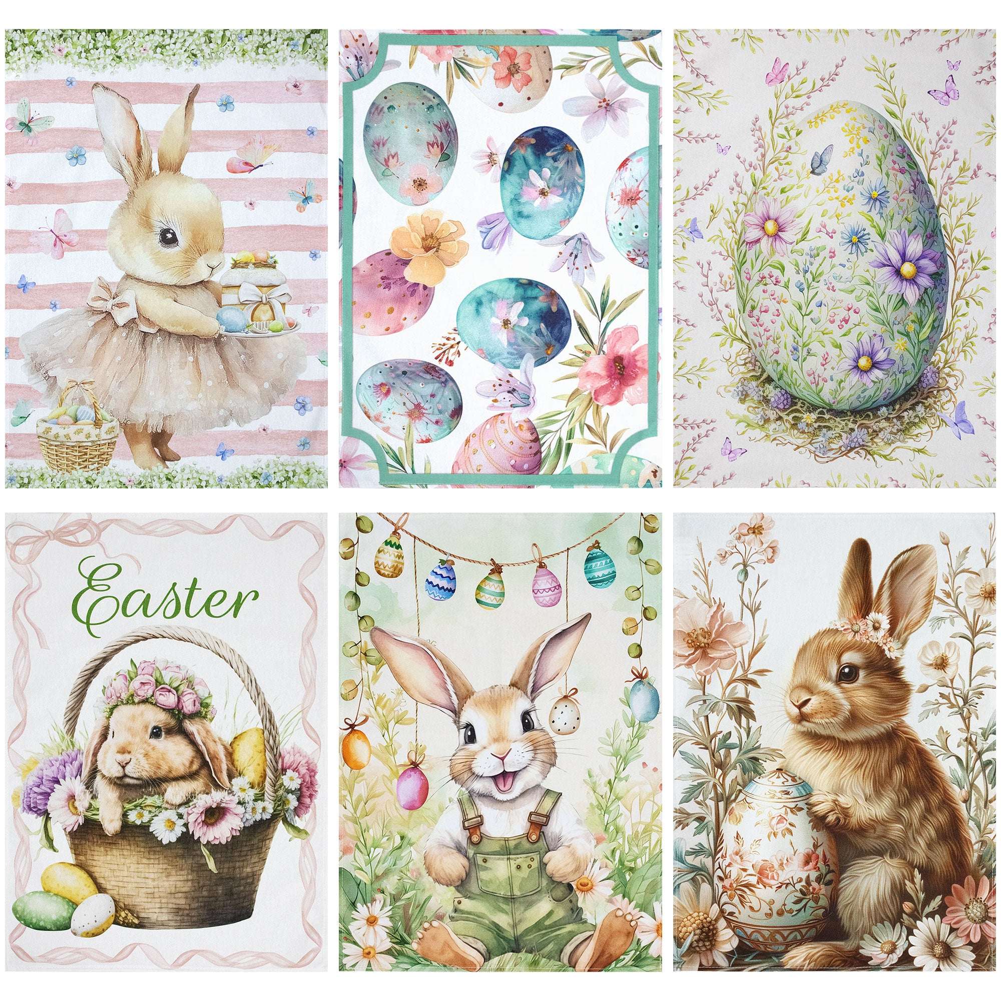 Set 6 Strofinacci Pasquali In Cotone - Con Conigli E Fiori - 50x70cm - Foto 5