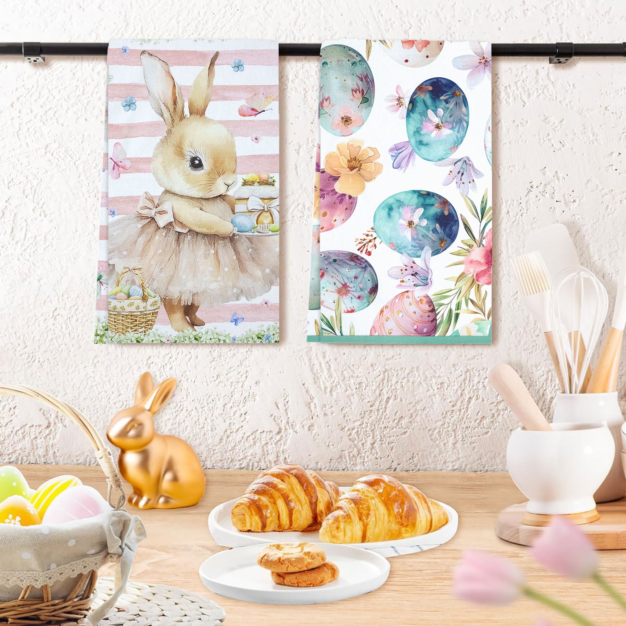 Set Strofinacci pasquali 6pz Canovacci Pasqua in cotone conigli primaverili 7031