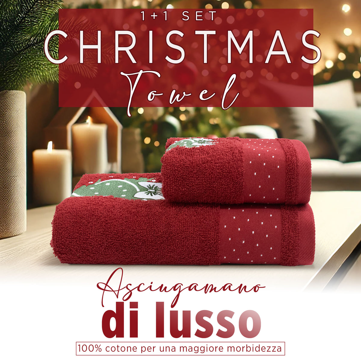 Asciugamani Natalizi Bagno set 1+1 in Spugna di Cotone Decoro Natale Abete 7148