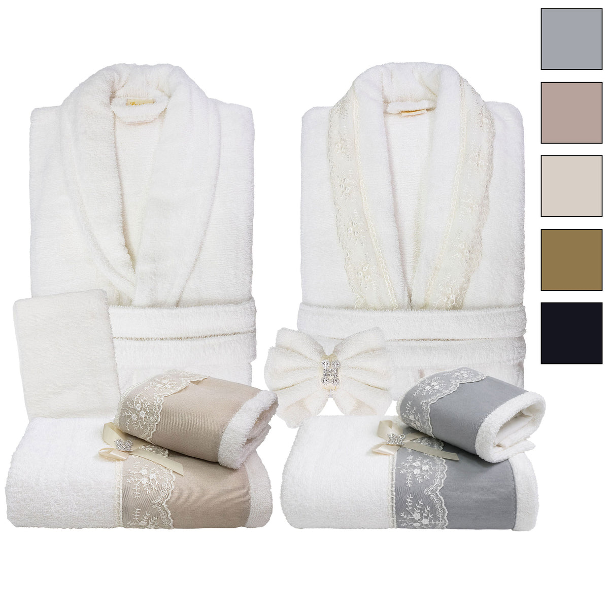 Completo bagno asciugamani accappatoi set uomo donna spugna cotone e pizzo 7178