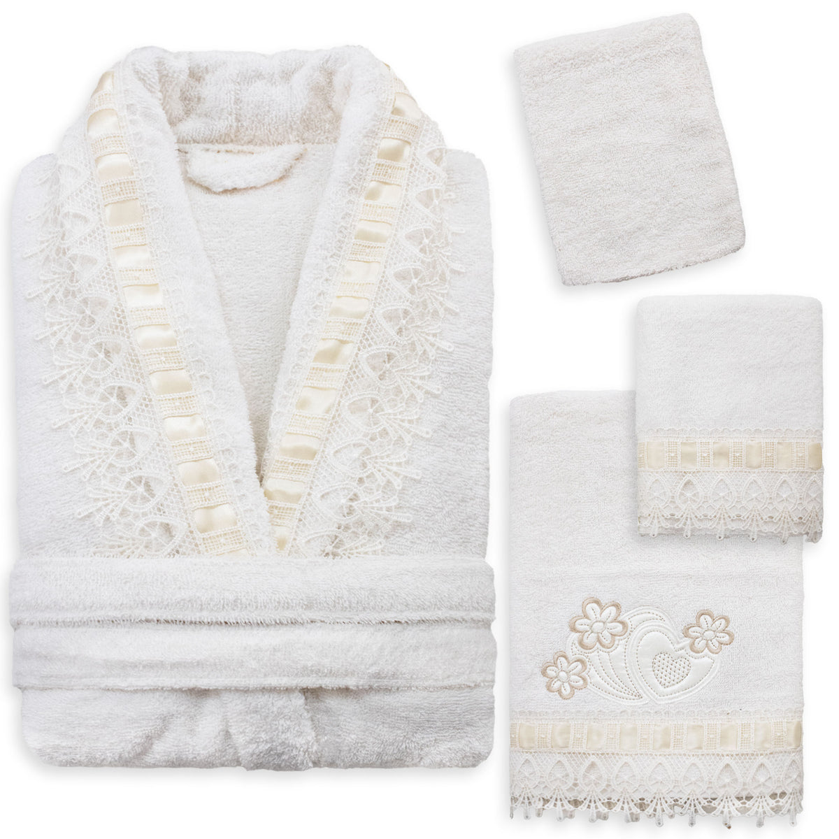 Completo Bagno Stefania 4pz Accappatoio e Asciugamani in Cotone con Pizzo 7183