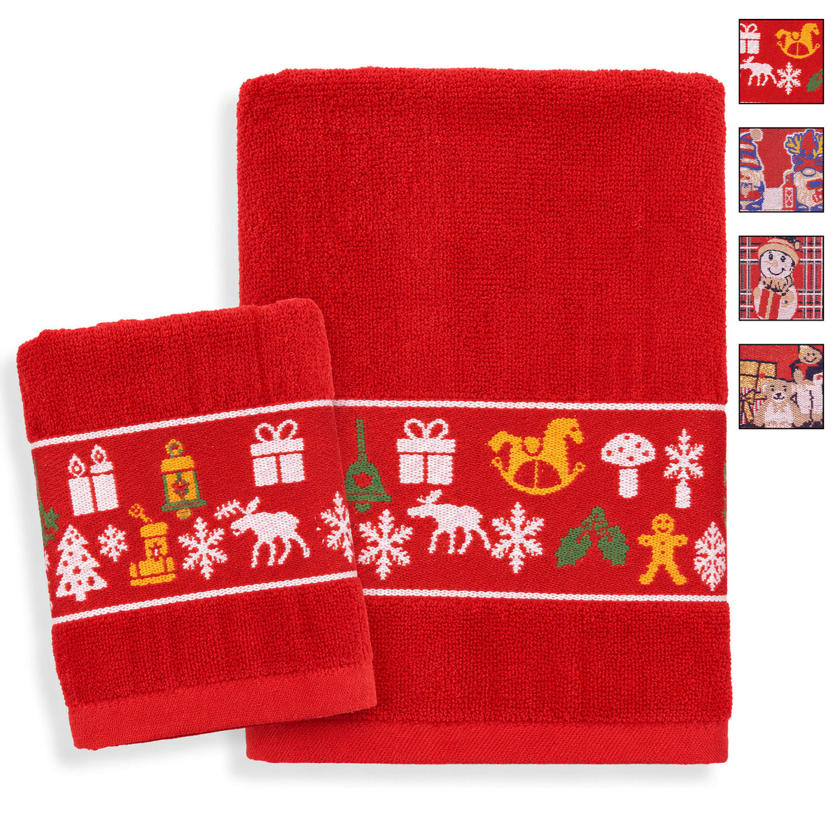 Set Asciugamani Natalizi 1+1 Viso e Ospite in Spugna Cotone Decoro Natale 7184
