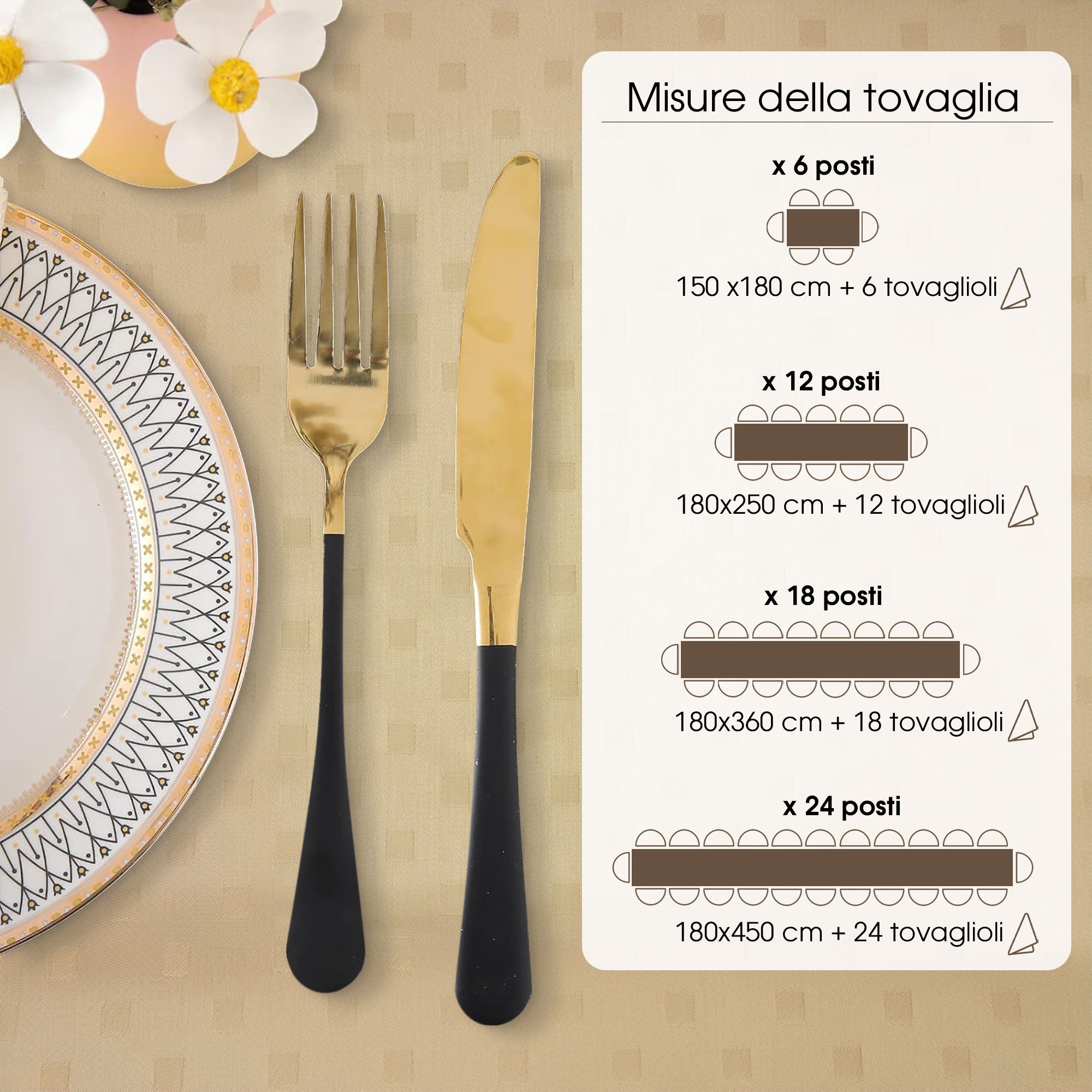Tovaglia Servizio da Tavola + Tovaglioli 24 Posti Damina in Cotone 0544