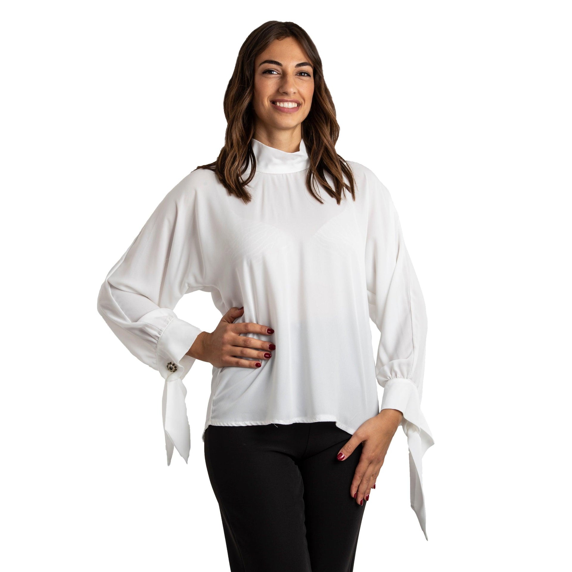 Camicia donna maniche lunghe in georgette bottoni gioielli made in