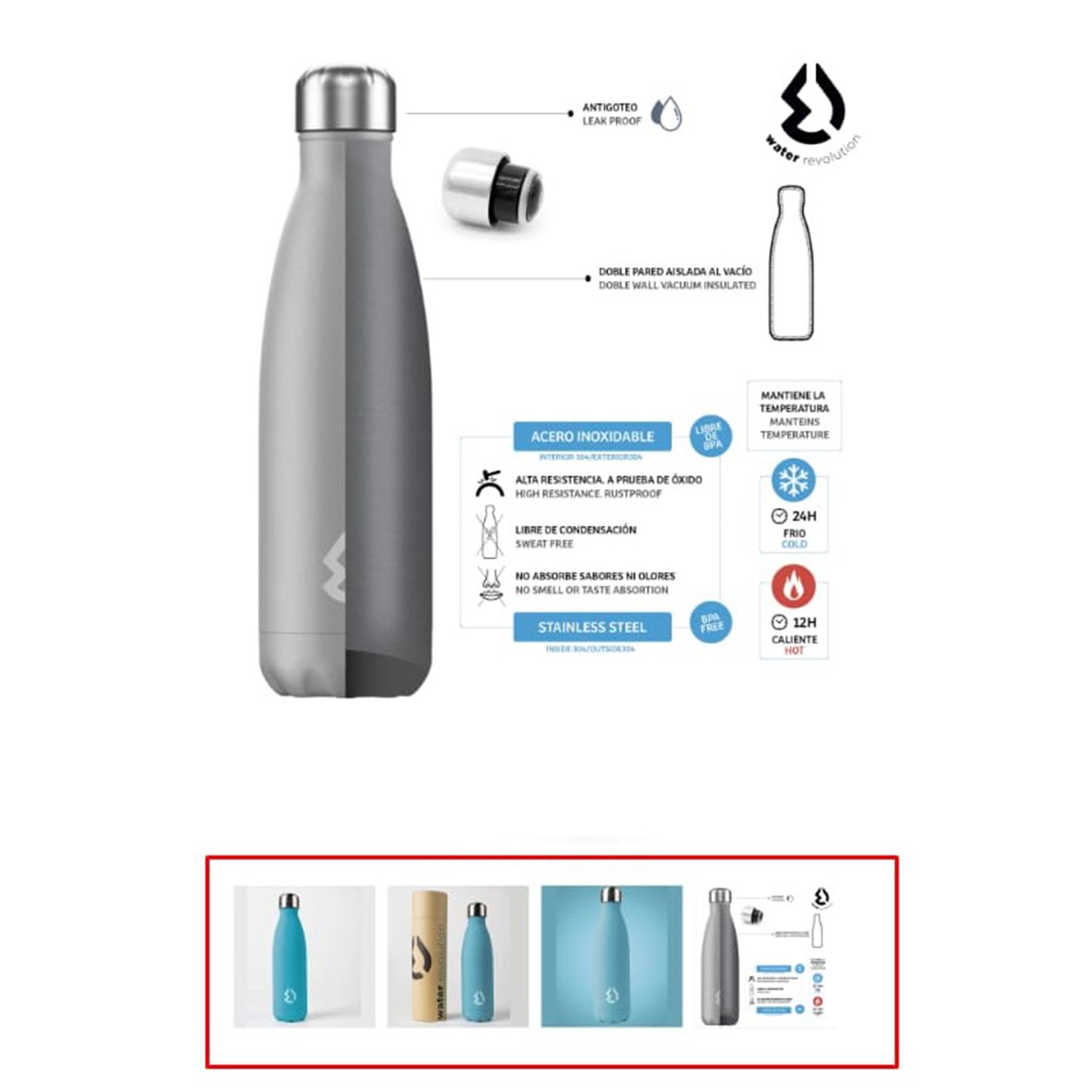 Borraccia termica acciaio inox 500 ml doppia parete isolate caldo freddo 2023