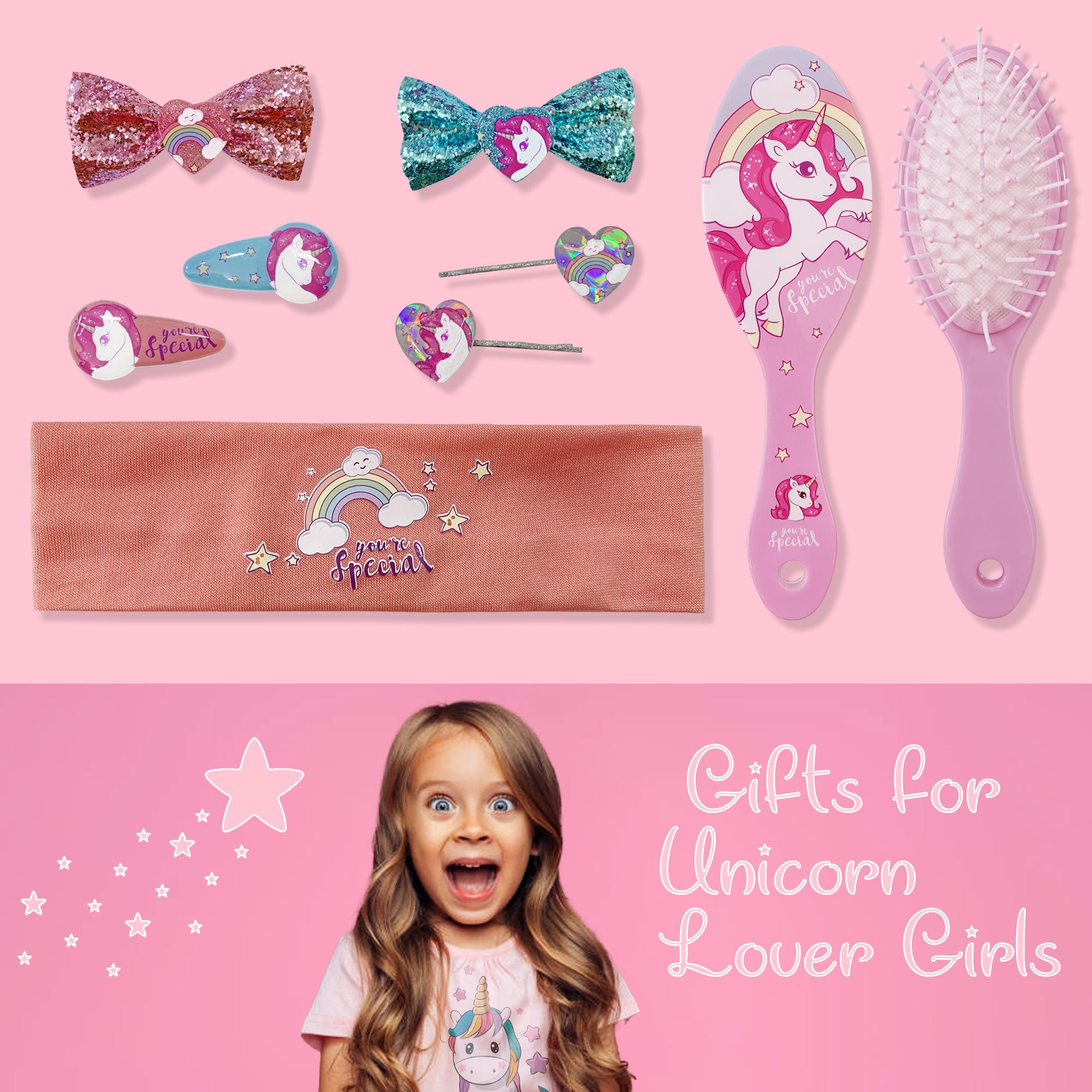 Accessori per capelli Special Unicorno kit 8 pz spazzola fermagli 2714