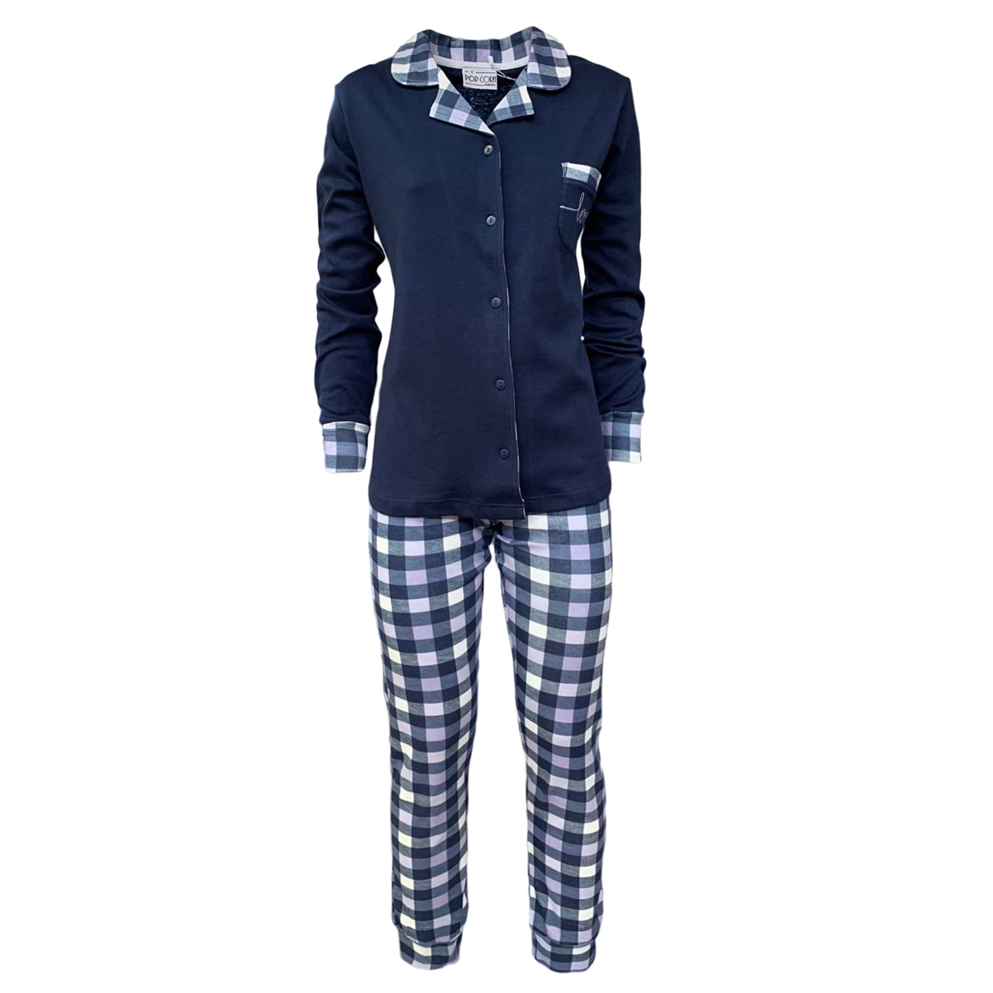 Pigiama invernale lungo donna Interlock aperto caldo cotone Pop Corn 3796