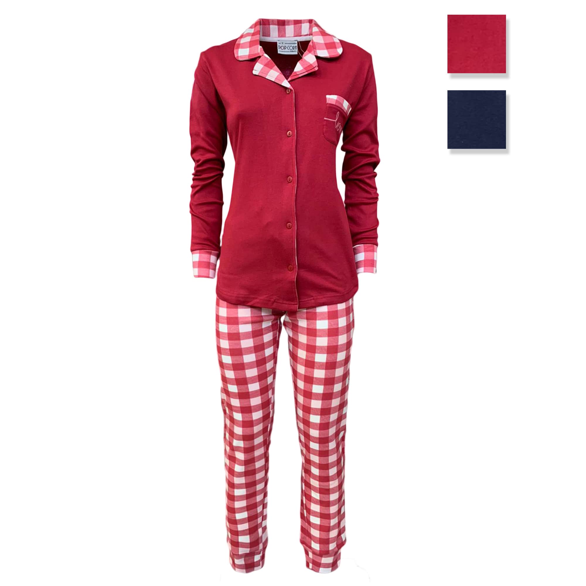 Pigiama invernale lungo donna Interlock aperto caldo cotone Pop Corn 3796