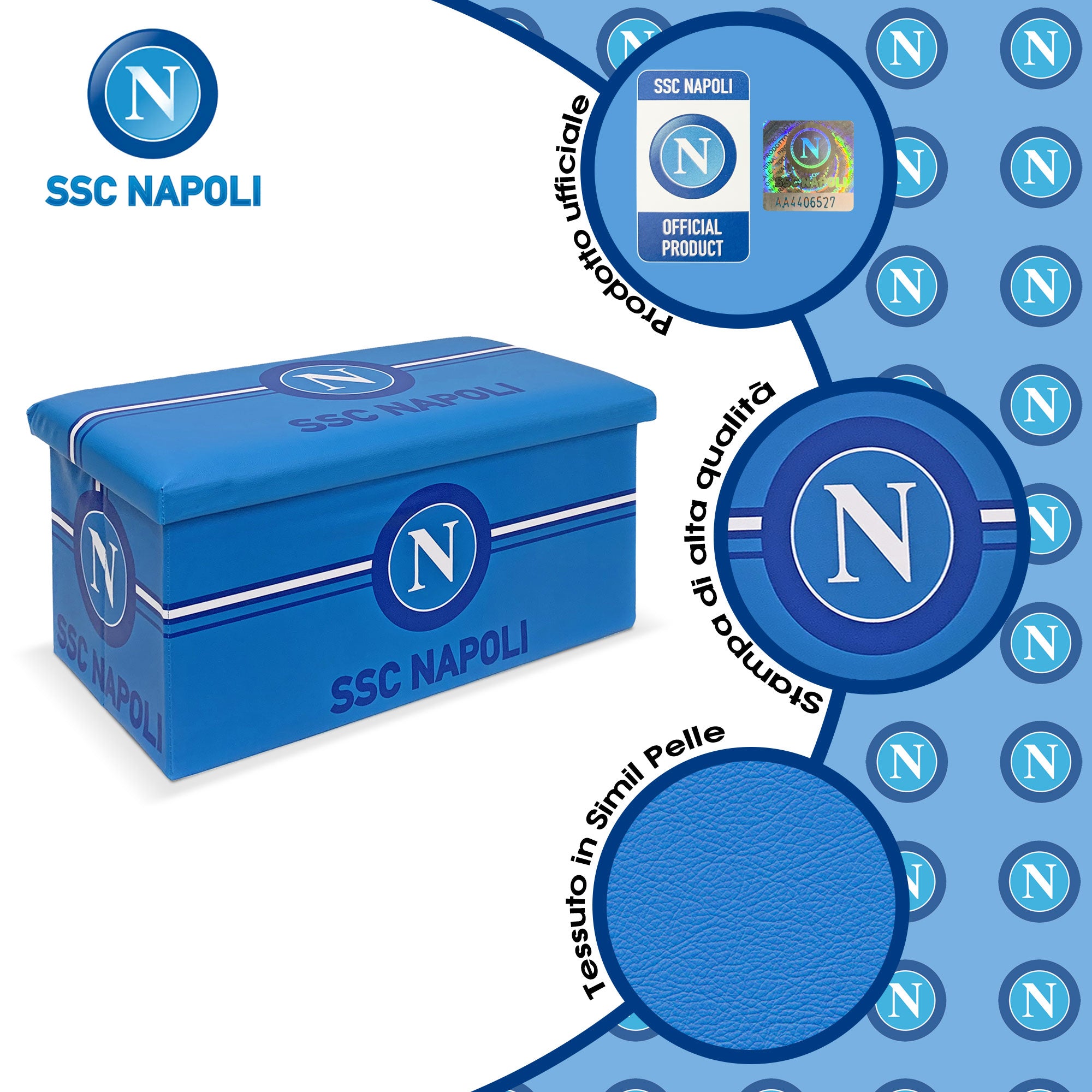 Panca Contenitore SSC Napoli Pouf Baule Poggiapiedi in ecopelle 76x38x38cm 6128