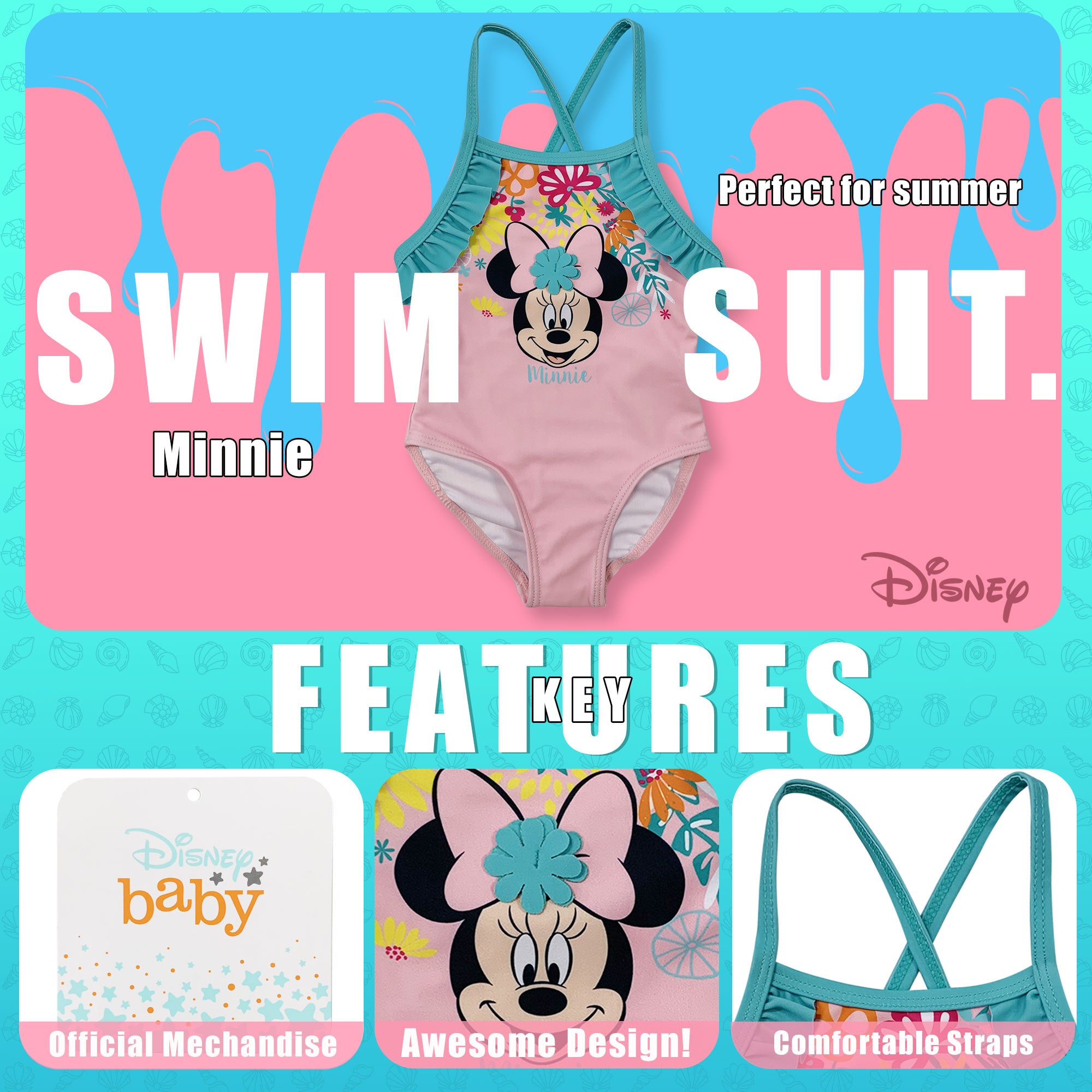Costume da bagno per neonato bambina Disney Minnie Mouse 1 pezzo bimba mare 6146