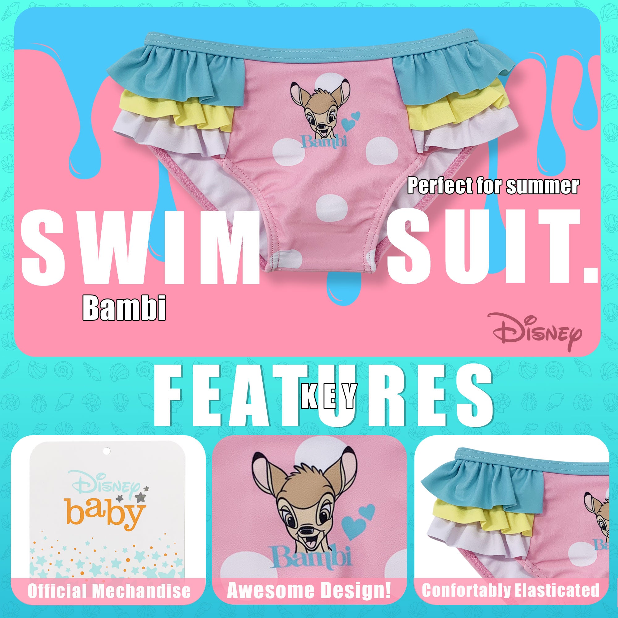Costume da bagno slip mare per neonato bambina Disney Bambi per bimba 6148