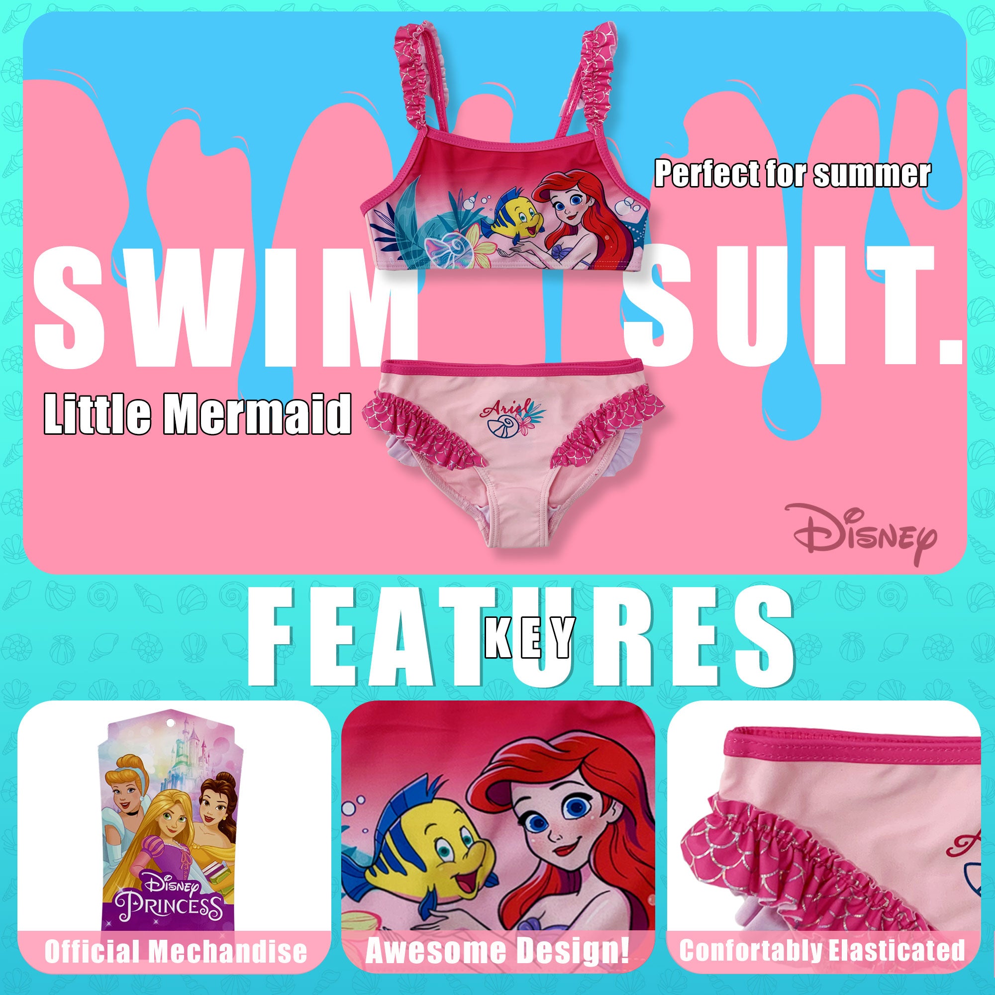 Costume da bagno bambina Disney la Sirenetta Ariel due pezzi bikini mare 6151