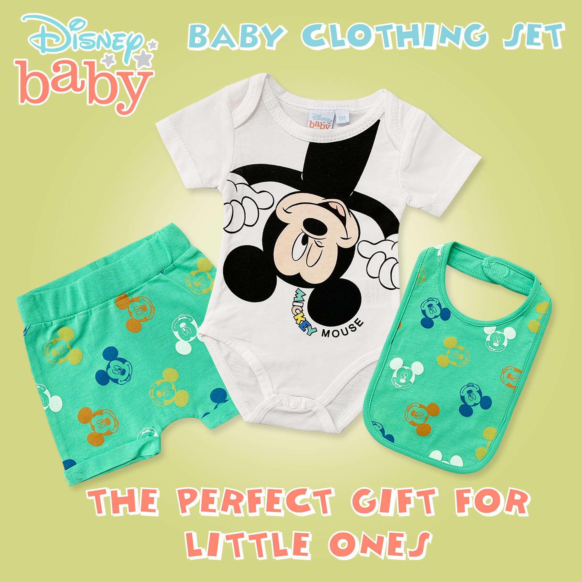Complete Disney Mickey Mouse bodysuit, shorts and bib for newborn baby 6184 White green months