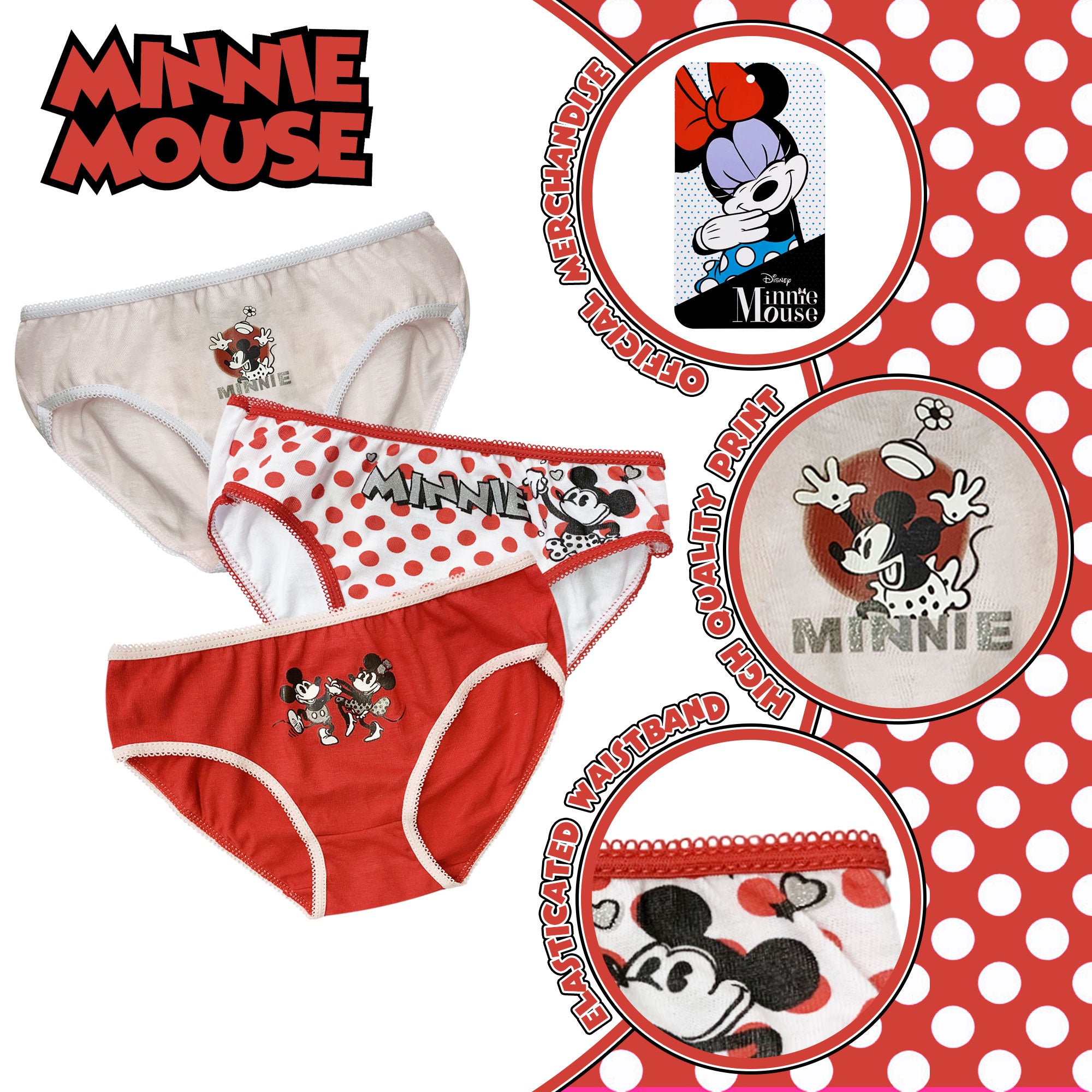 Slip Disney Minnie Mouse 3 pezzi ufficiale bimba shorties mutandine intimo 6190