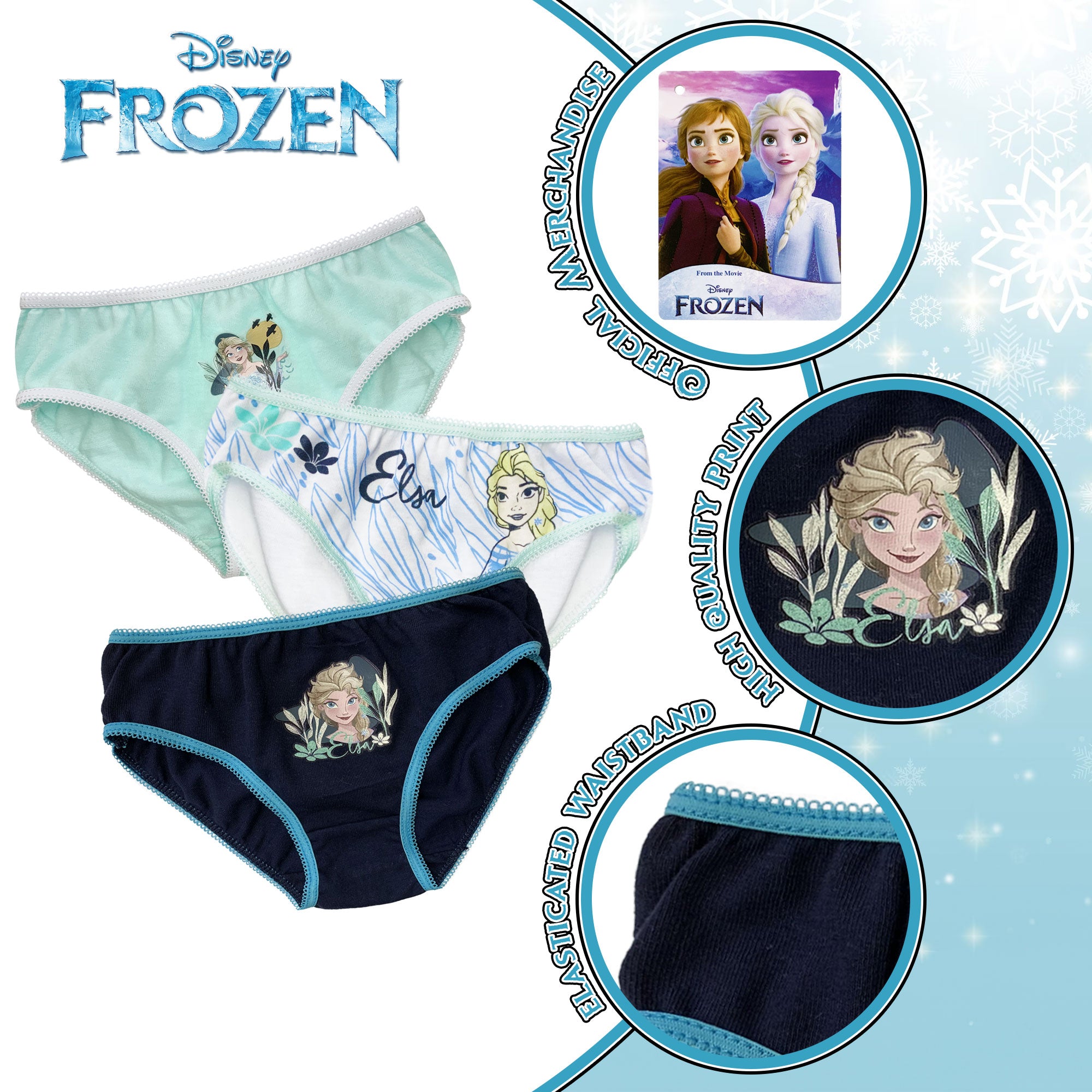 Slip Disney Frozen Elsa 3 pezzi ufficiale bimba shorties mutandine cotone 6192