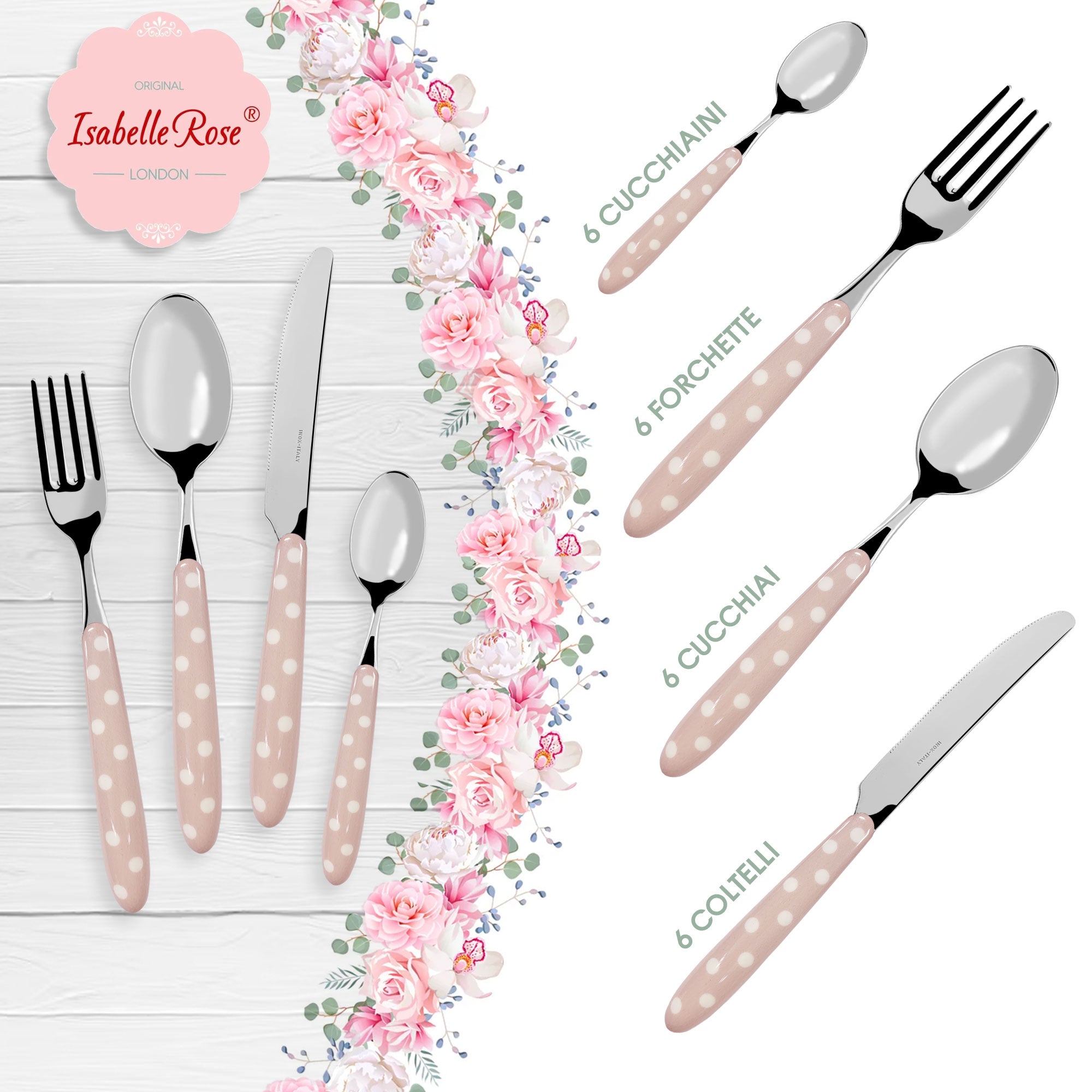 Set Servizio Posate Isabelle Rose Shabby chic a pois acciaio inox vintage 6197