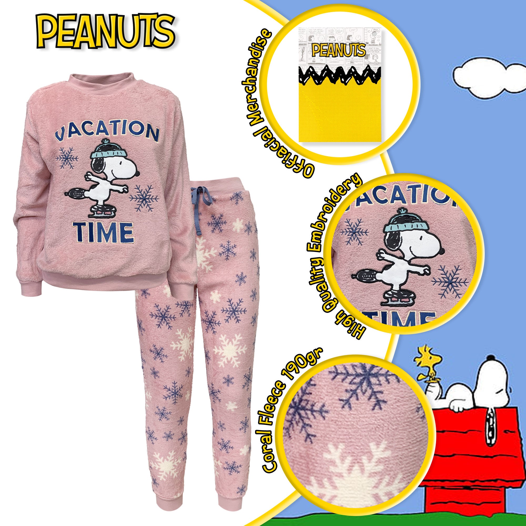 Pigiama invernale lungo donna Peanuts Snoopy maglia e pantalone in pile 6216