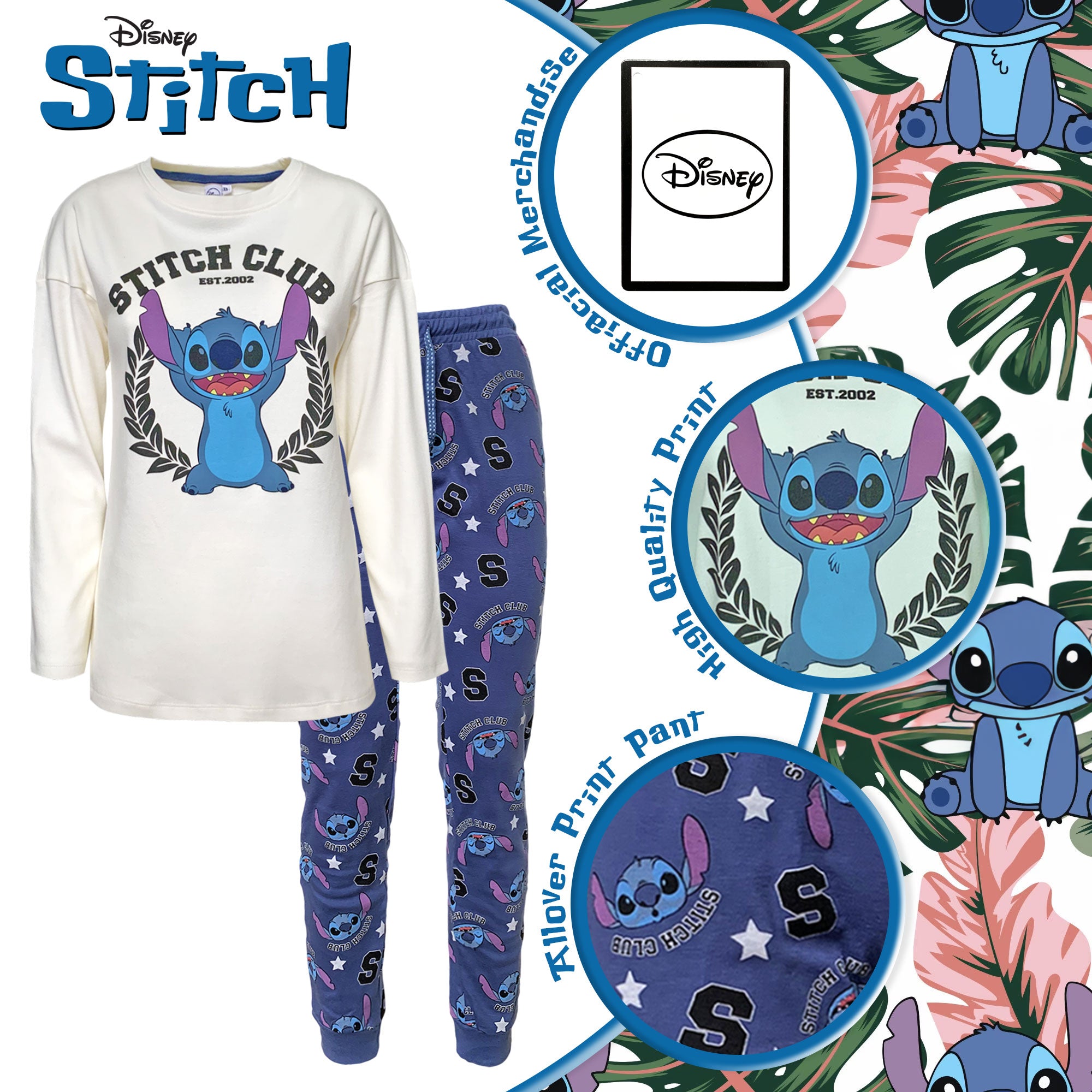 Pigiama lungo donna Disney Lilo e Stitch maglia e pantalone in cotone 6258