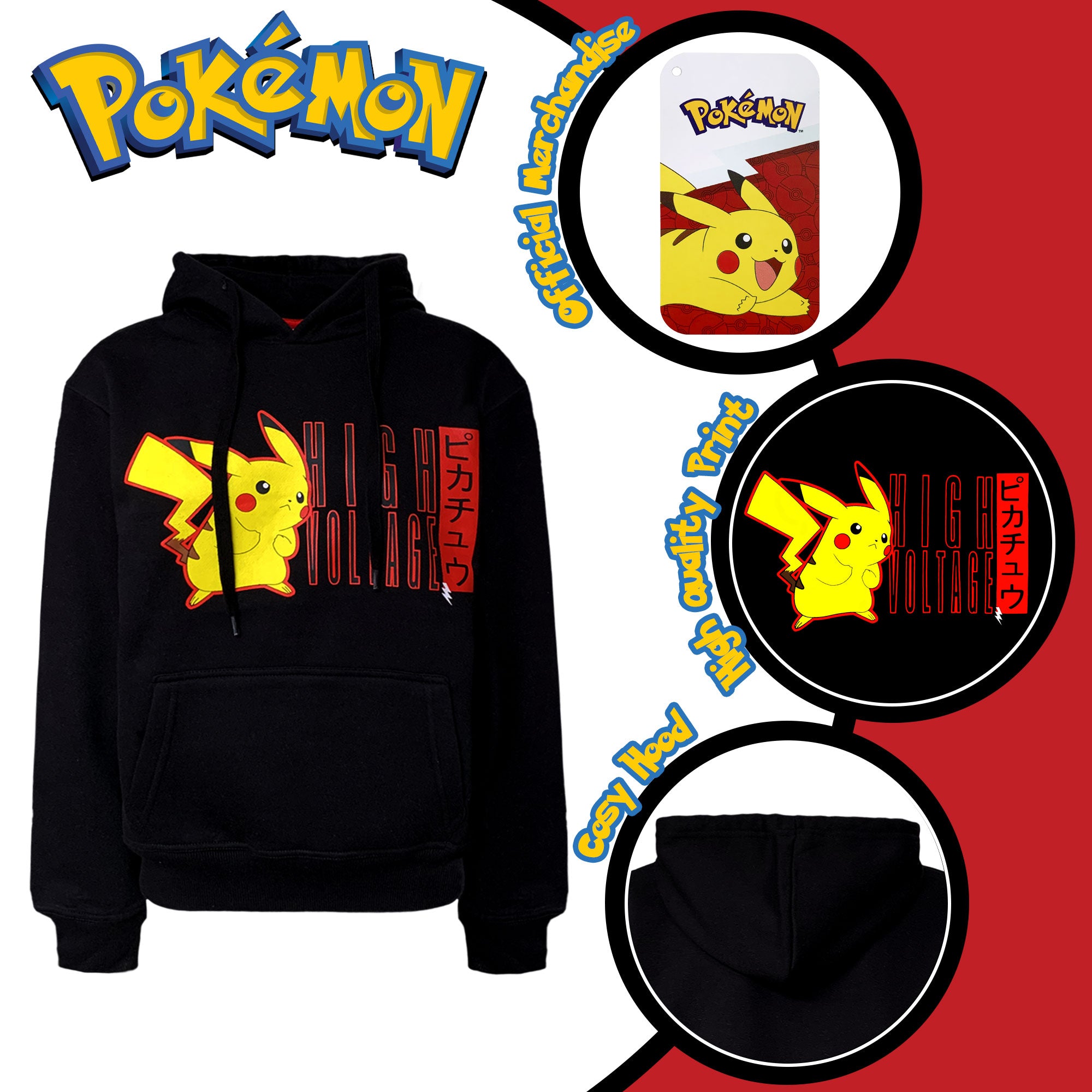 Felpa con cappuccio ufficiale Pokemon con stampa Pikachu uomo ragazzo 6259