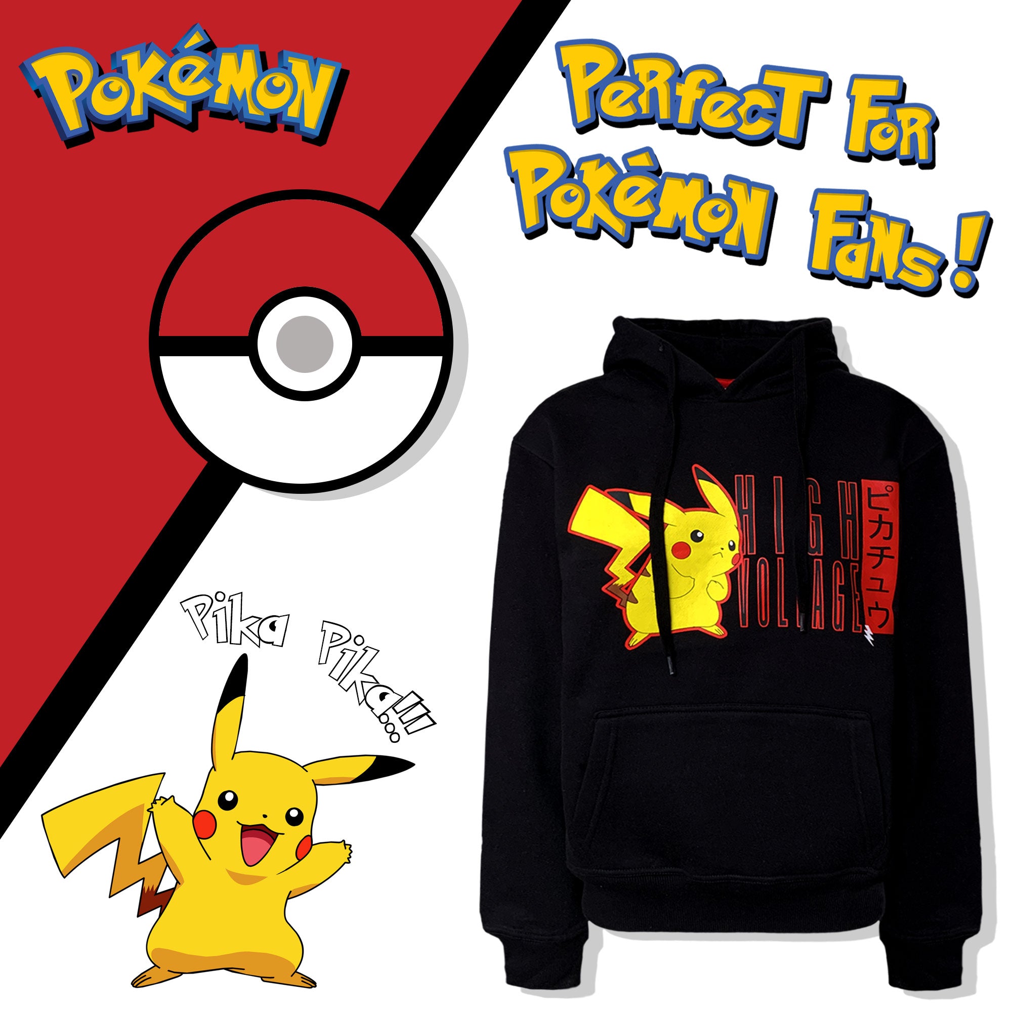 Felpa con cappuccio ufficiale Pokemon con stampa Pikachu uomo ragazzo 6259