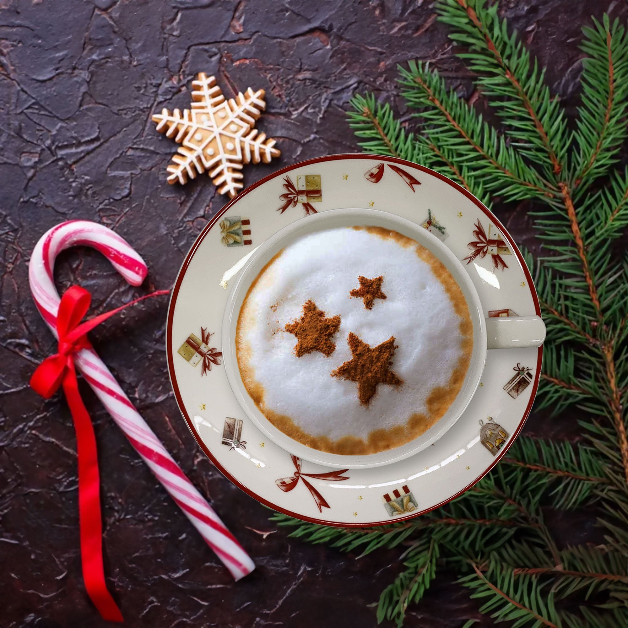 Tazza da tè con piattino natalizia in porcellana Nuvole di Stoffa Carol 6294