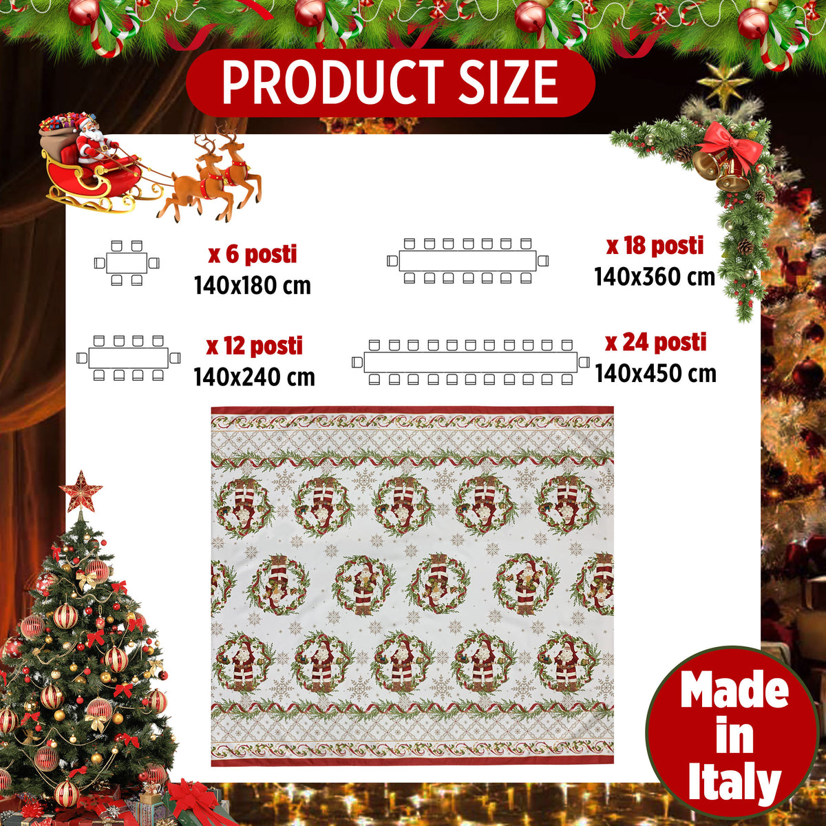Tovaglia Natalizia in rasatello stampata Preziosa Home 24 posti Natale 6385