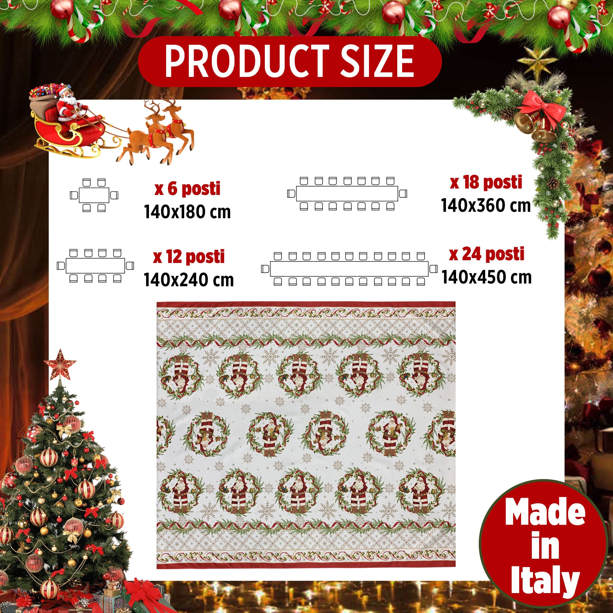 Tovaglia Natalizia in rasatello stampata Preziosa Home 24 posti Natale 6385