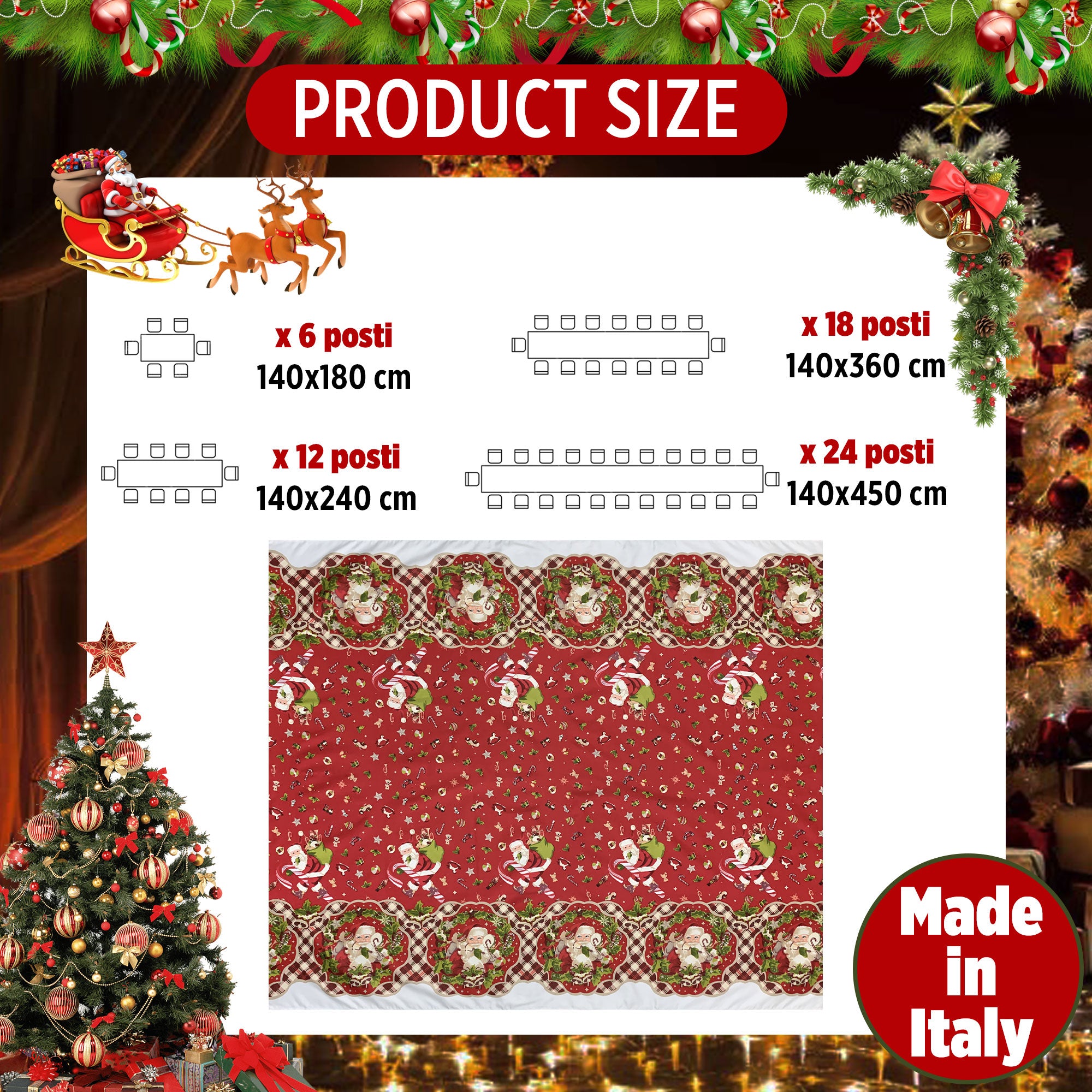 Tovaglia Natalizia in rasatello stampata Preziosa Home 24 posti Natale 6385