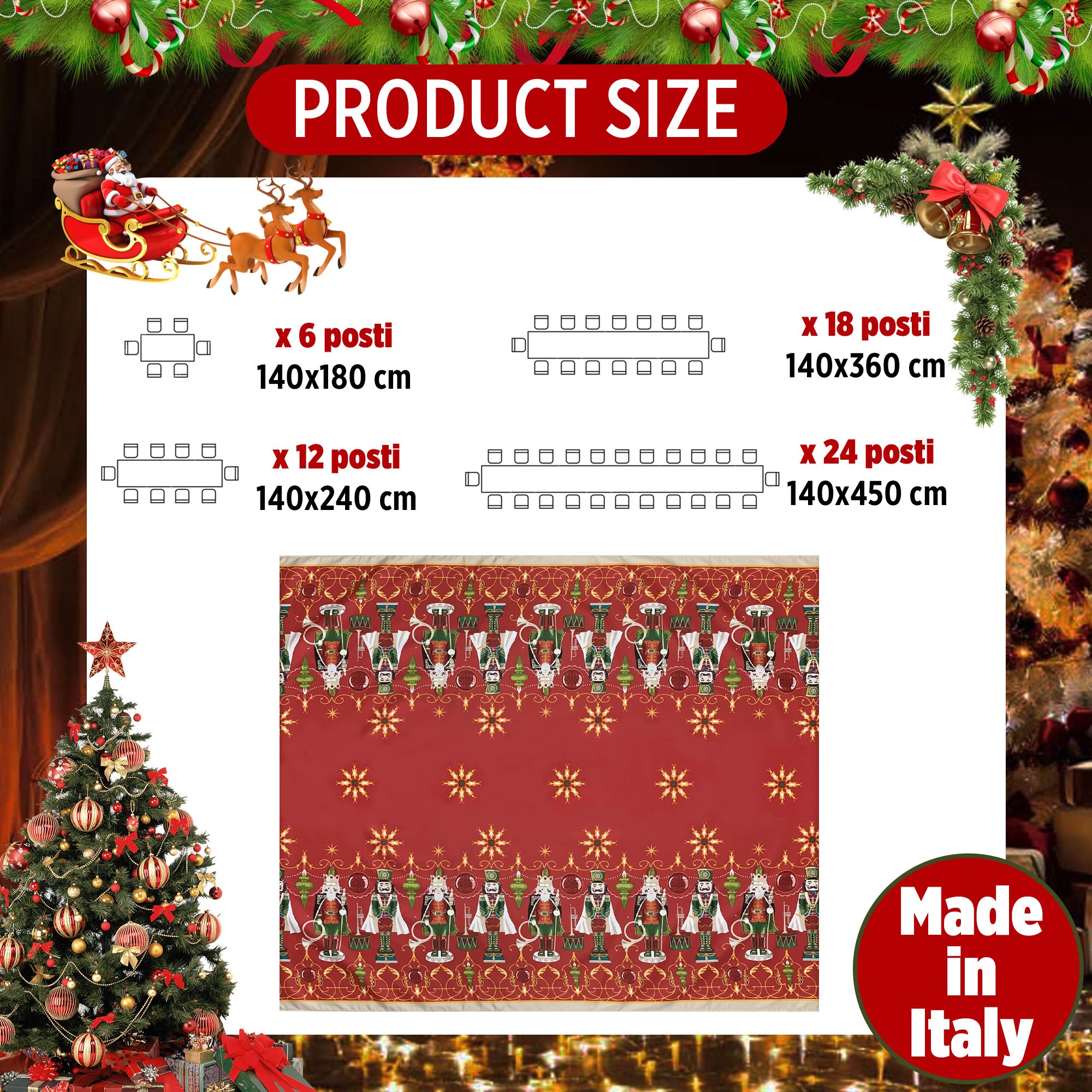 Tovaglia Natalizia in rasatello stampata Preziosa Home 24 posti Natale 6386