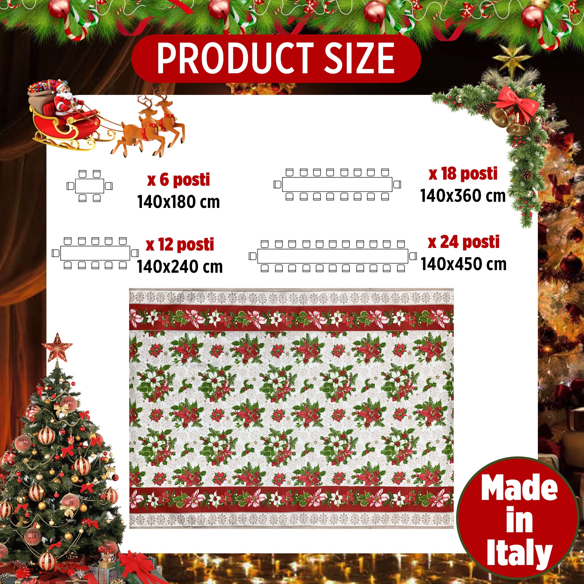 Tovaglia Natalizia panama stampata Preziosa Home 6 posti Natale Abete 6439