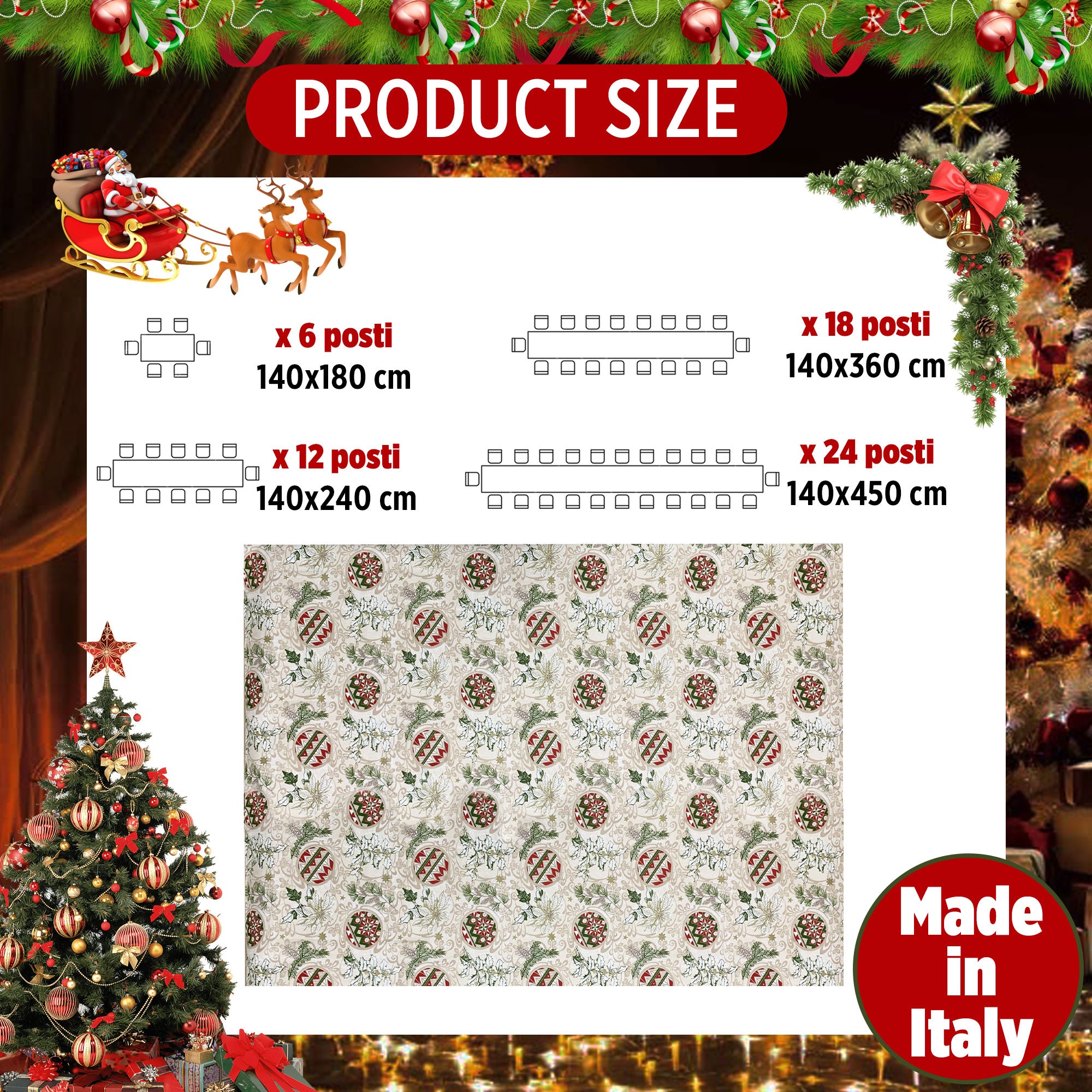 Tovaglia Natalizia panama stampata Preziosa Home 12 posti Natale Abete 6444