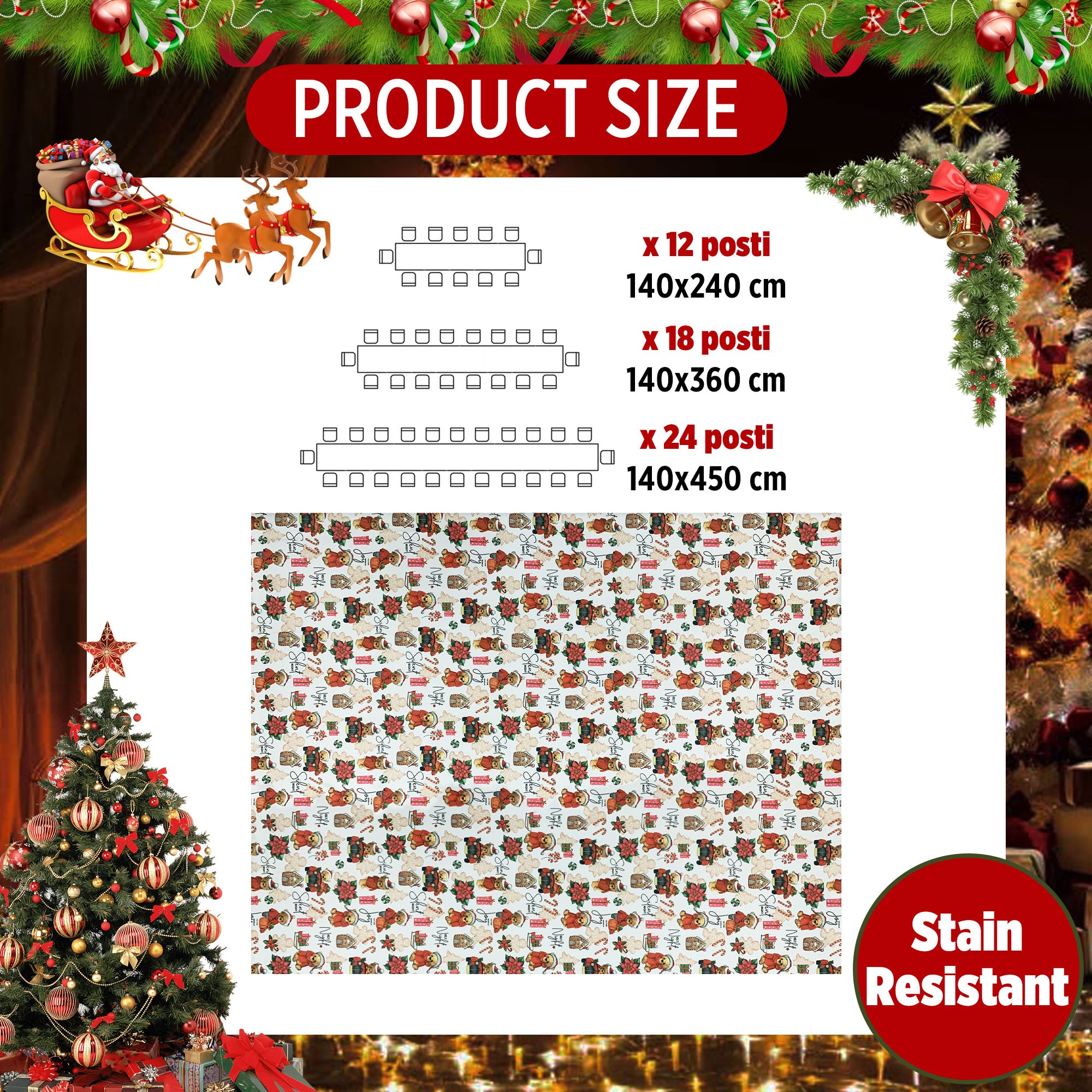 Tovaglia Natalizia antimacchia idrorepellente Preziosa Home 12 posti 6472