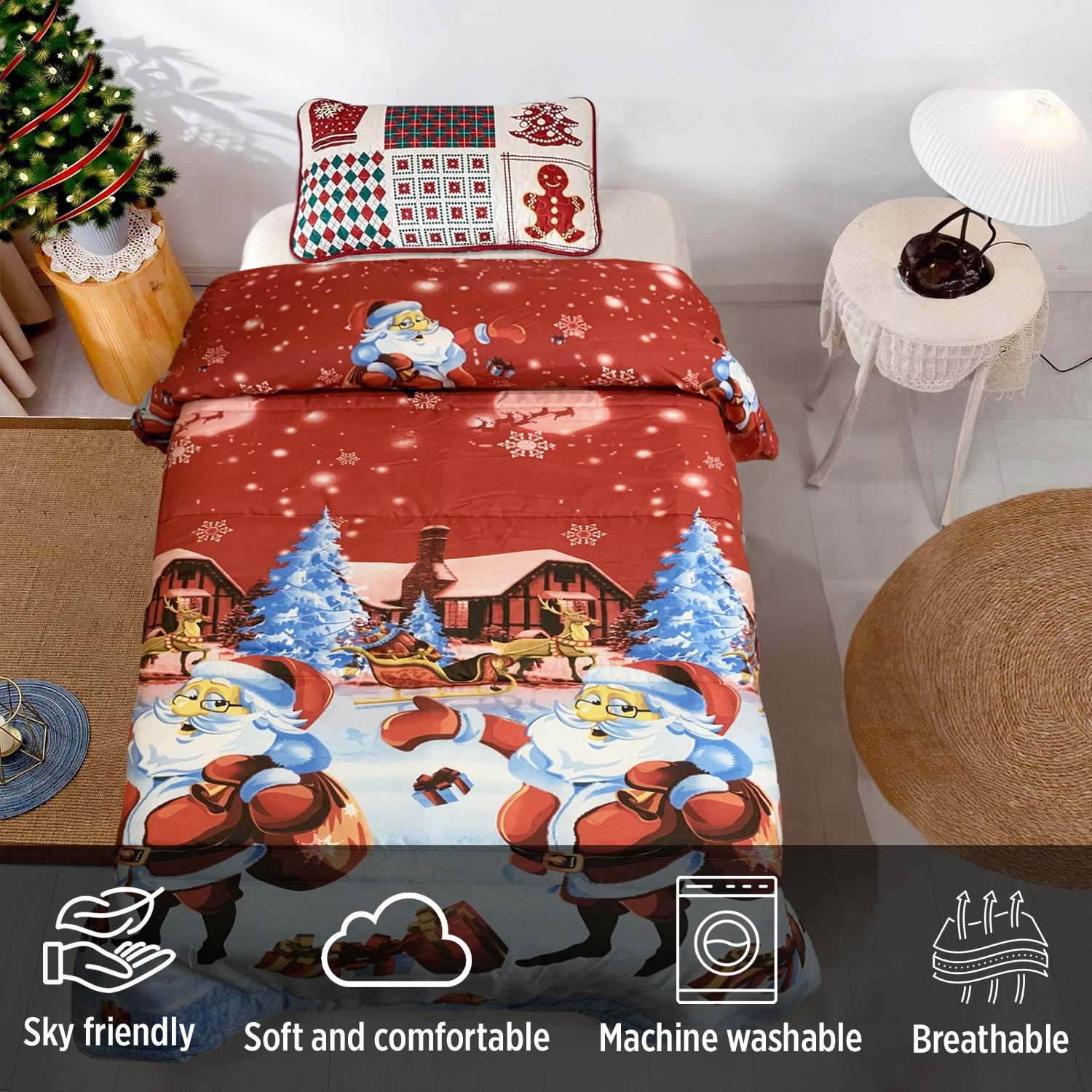 Set di biancheria da letto per letto matrimoniale natalizio con Babbo Natale reversibile e renne, 3 pezzi con chiusura lampo+2 federe per piumone per