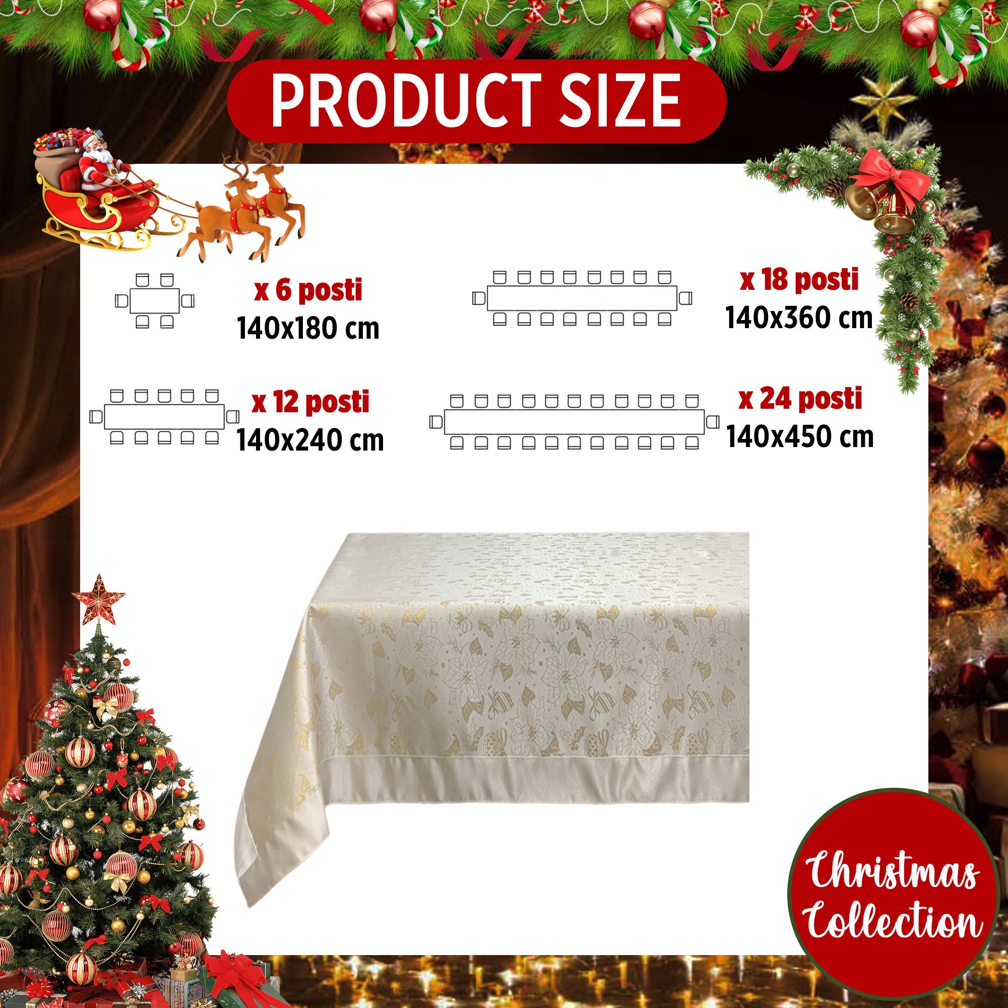 Tovaglia Natalizia lurex antimacchia idrorepellente Preziosa Home 24 posti 6528