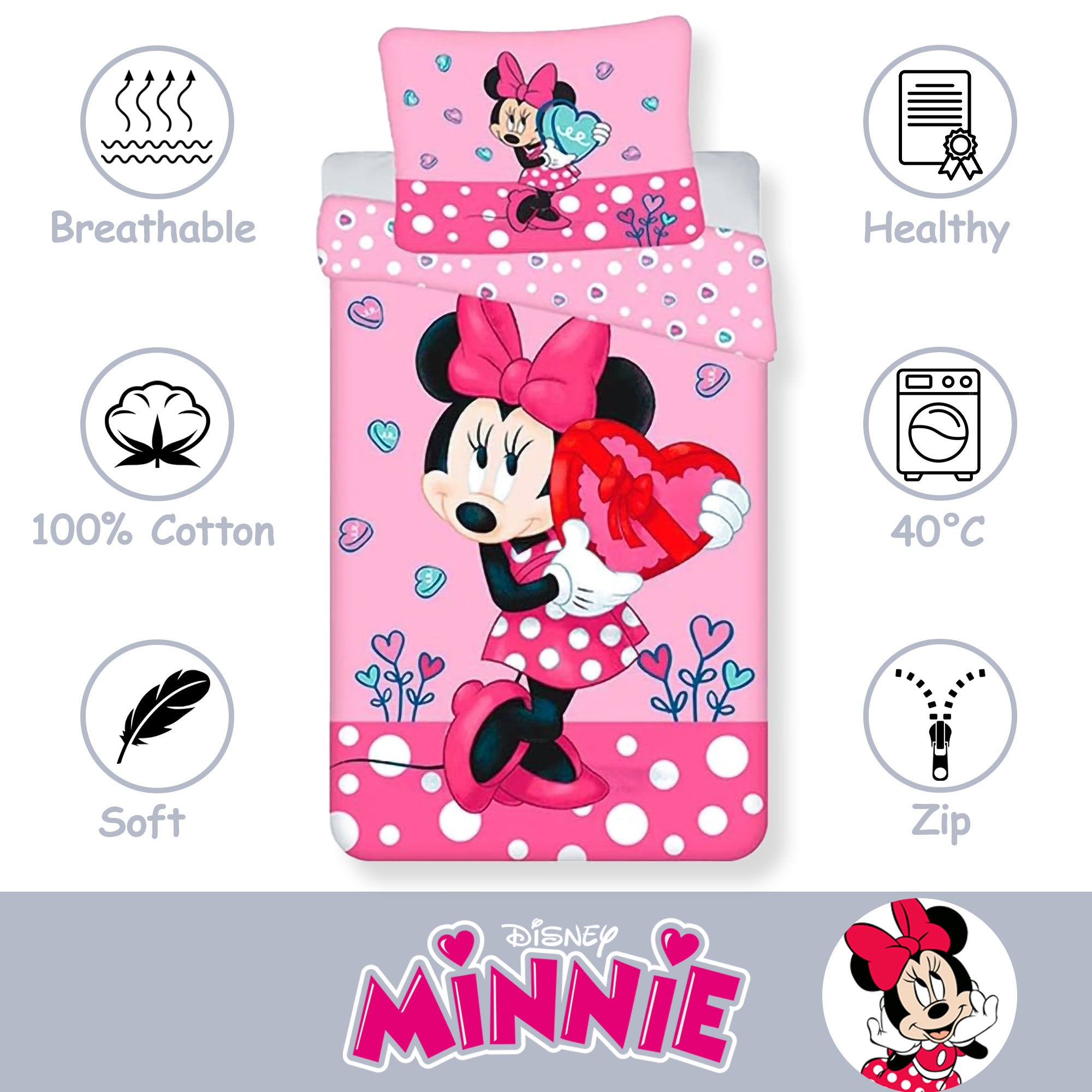 Set copripiumino Disney Minnie Mouse per letto singolo con federa in cotone 6551