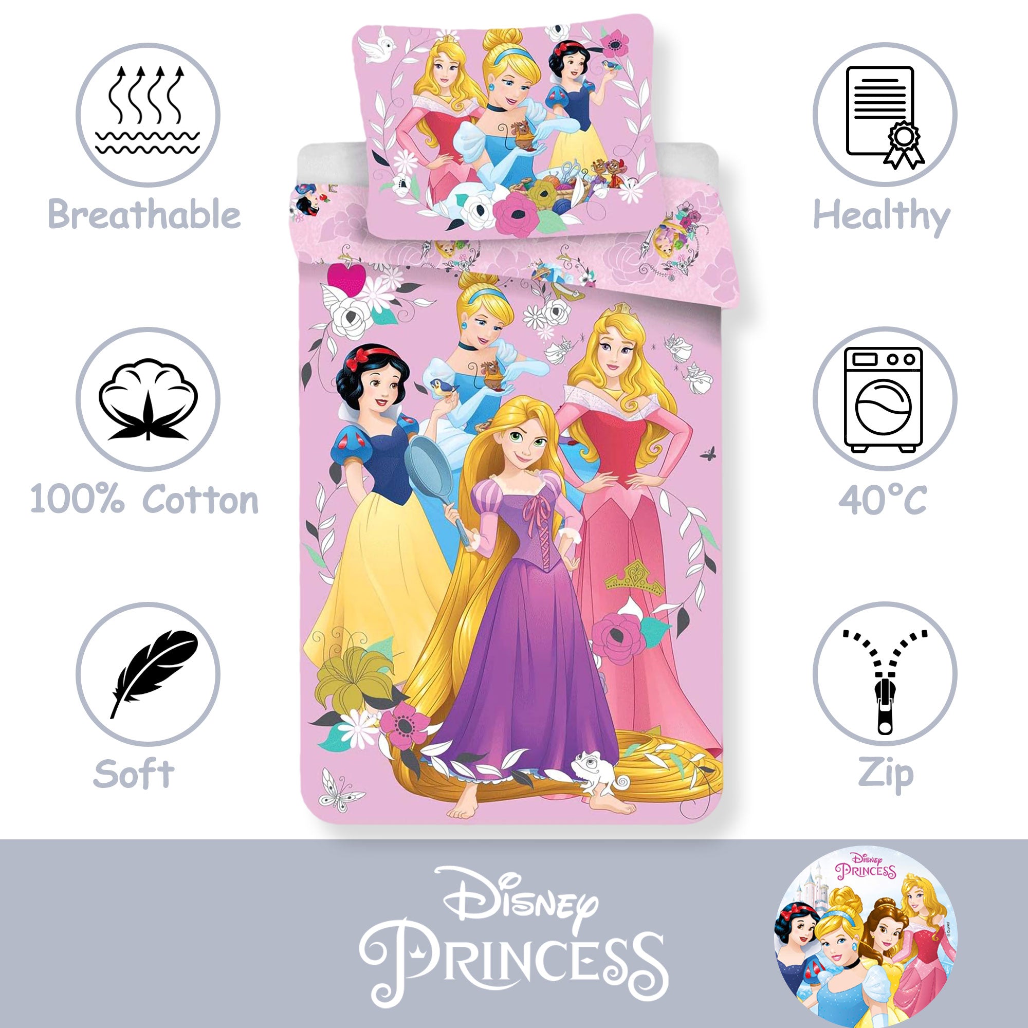 Set Copripiumino e federa Disney Principesse per letto singolo in cotone 6554